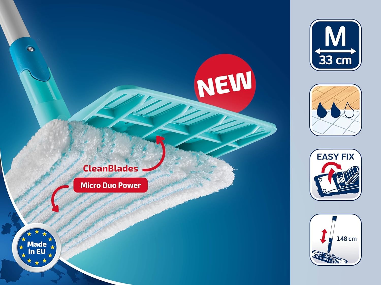 Leifheit Set Power CLEAN, Wischer,rückenschonender Bodenwischer mit Reinigungsklingen, Wischtuchpresse, Wischmopp Set mit Eimer und 2X Mikrofaser Wischbezüge für alle Hartböden, Click-System