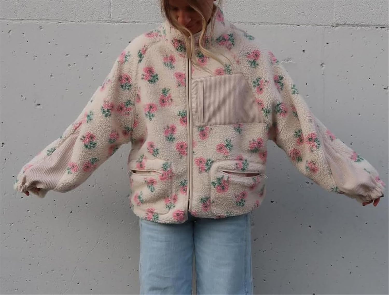 Womens Sherpa Fleece Cropped Jacket Zip Up Floral Lightweight Jacket long sleeve Cute Teddy Fuzzy Coat