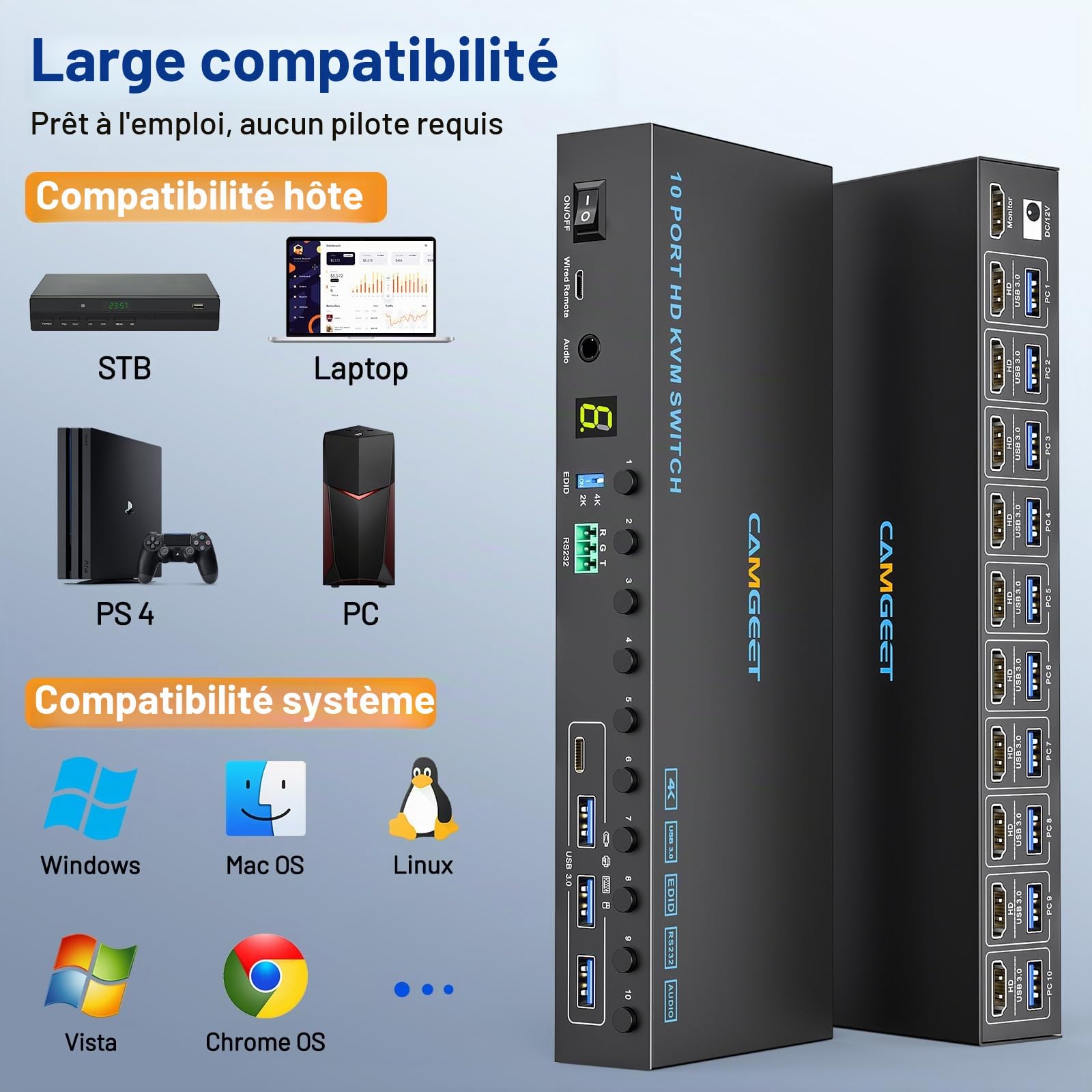 10 PC 8 PC KVM Switch HDMI 4K@60Hz EDID Analogique, 10 Port Commutateur KVM HDMI USB 3.0 pour 10 PC Partager 4 Périphériques USB et 1 Moniteur, Audio, RS232,Avec câble USB 10,Contrôleur de Bureauet