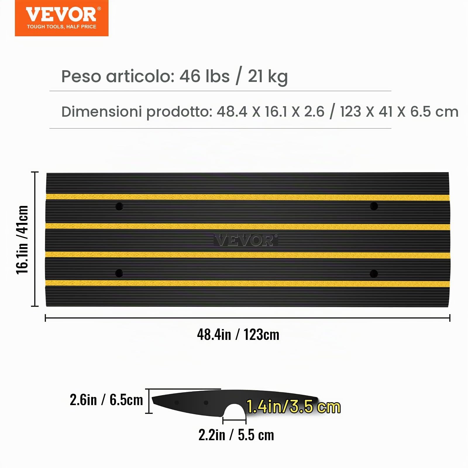 VEVOR Rampa per Soglia in Gomma Altezza 6,5cm Capacità Carico Max. 15 Tonnellate per Veicoli, Rampa per Soglia Superficie Antiscivolo con Canale per Cavi, Rampa Soglia Antiscivolo per Salita Facile