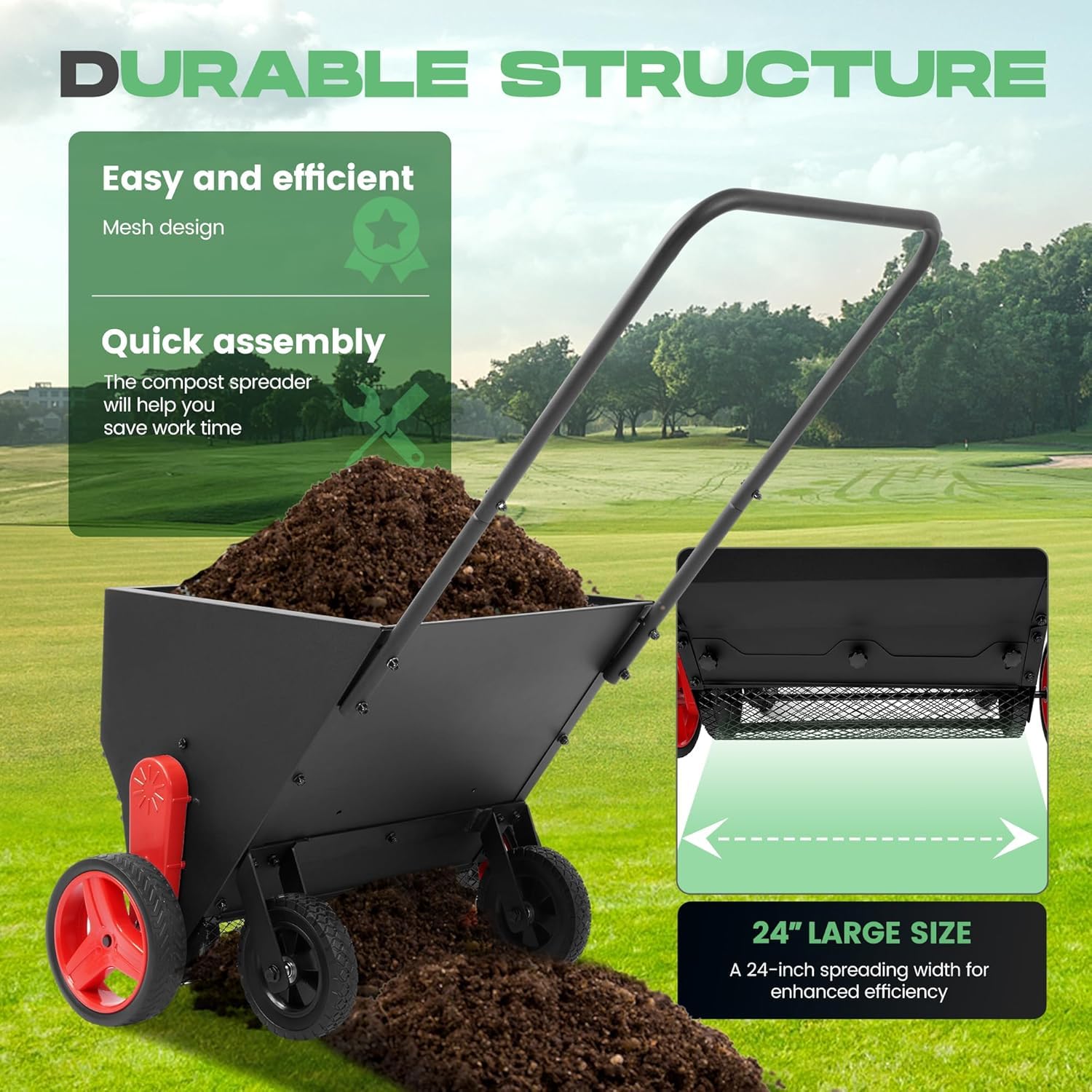 Épandeur de pelouse avec poignée – 4 roues, taux réglable, semoir de jardin pour engrais et pansement, design facile à pousser pour outils de jardin