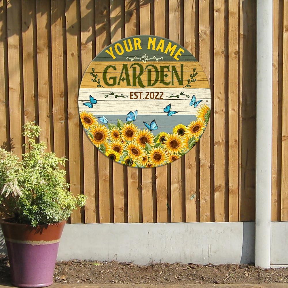 MeMate Metal Garden Signs - Personalized Garden Signs Outdoor Decor - Custom Name Year Metal Sign for Garden, Potting Shed with Flower - Sunflower Vintage Garden Sign - Custom Sign Plaque for Garden Decoration