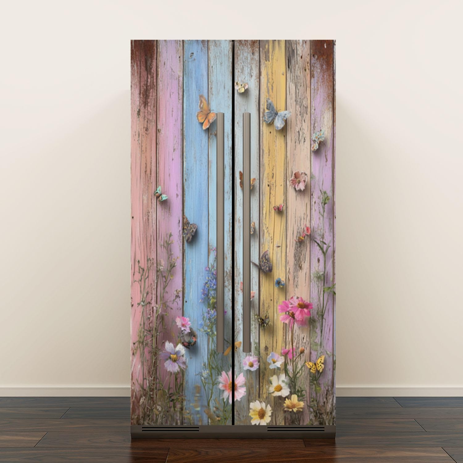 Self Adhesive Vinyl Refrigerator Wrap Set Rustic Wooden Panel Background Vivid Flora Butterflies Art Door Mural Removable Fridge Sticker Peel and Stick Decal Rustic Kitchen Decor