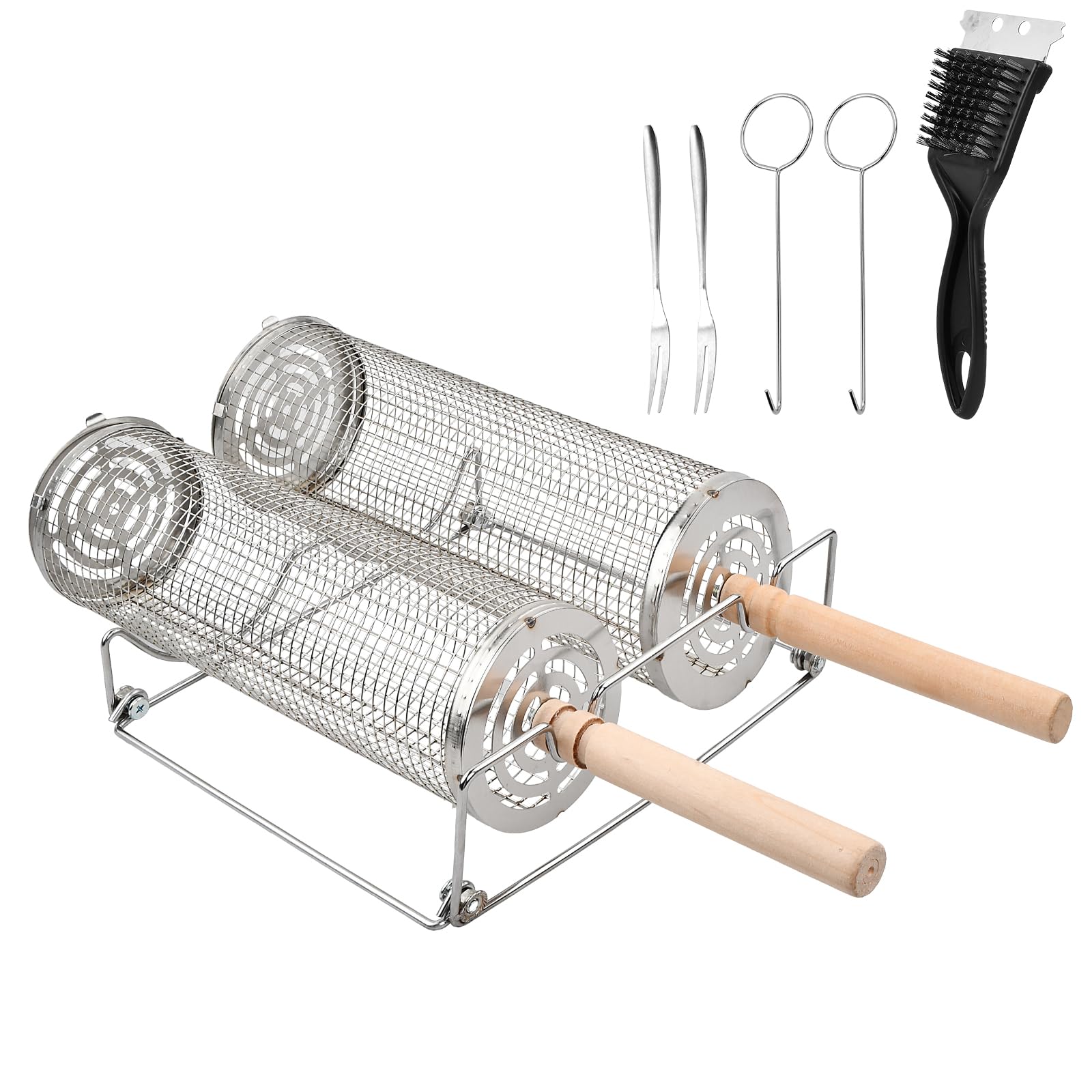 2 Pcs Set Barbecue 30cm 29cm, Upgrade Opening, Grille Barbecue Ronde Acier Inoxydable avec 2 Poignée Amovible Bois, 2 Crochets, 2 Fourchettes, Brosse, Supports, Panier Cuisson pour Accessoires Viande