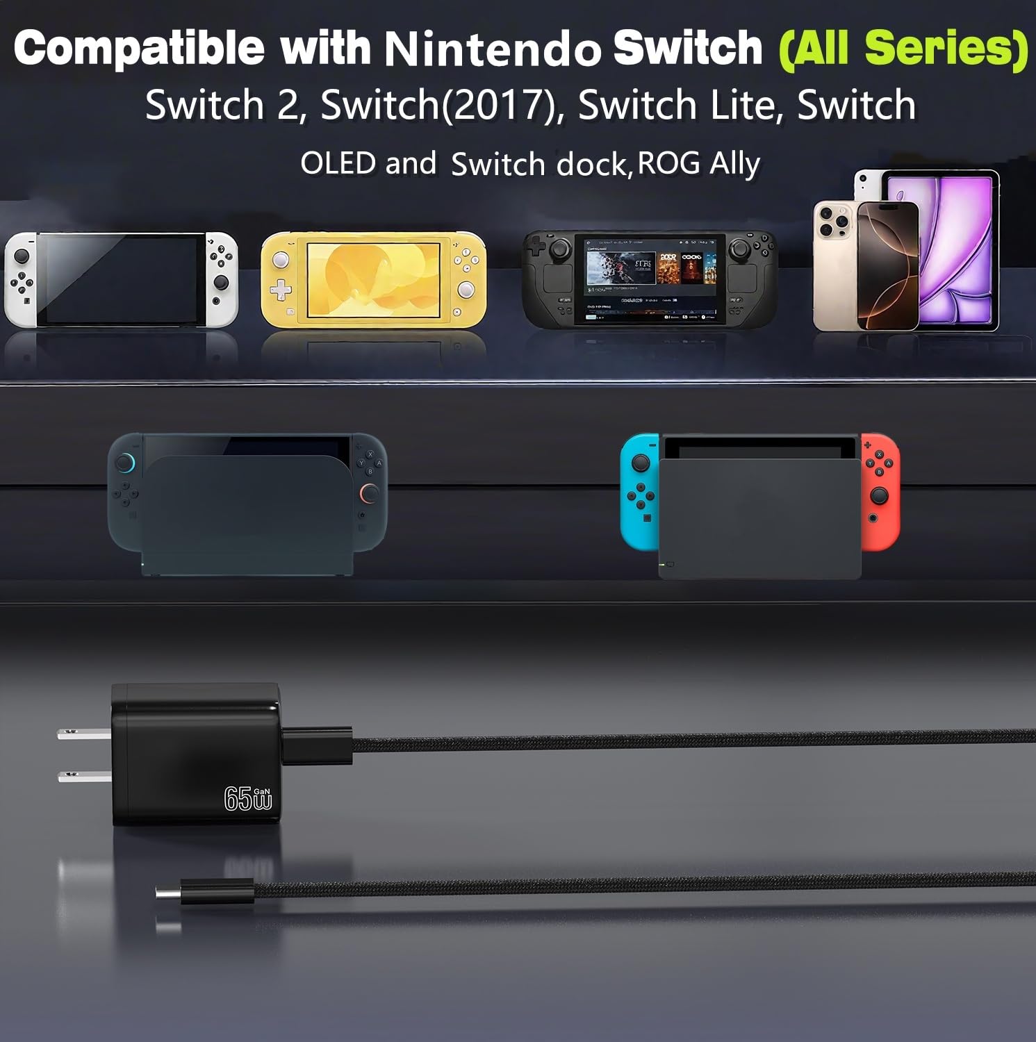 Ładowarka 65 W do Nintendo Switch (wszystkie serie) + kabel do szybkiego ładowania 3,5 m do trybu TV Switch 1/2 Dock, Steam Deck, ROG Ally i innych