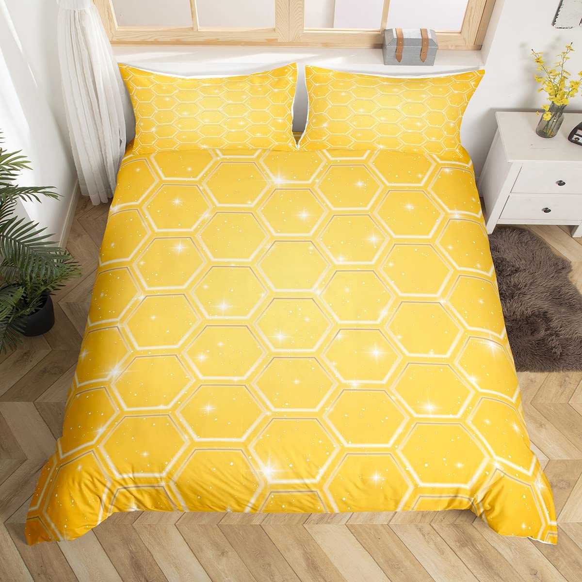 Loussiesd Honeycomb Duvet Cover Hexagonal Comforter Cover Beehive Geometrical Bedding Set For Kids Adults Yellow Bedspread Cover Soft Modern Galaxy Super King Bedclothes Zipper — image 1