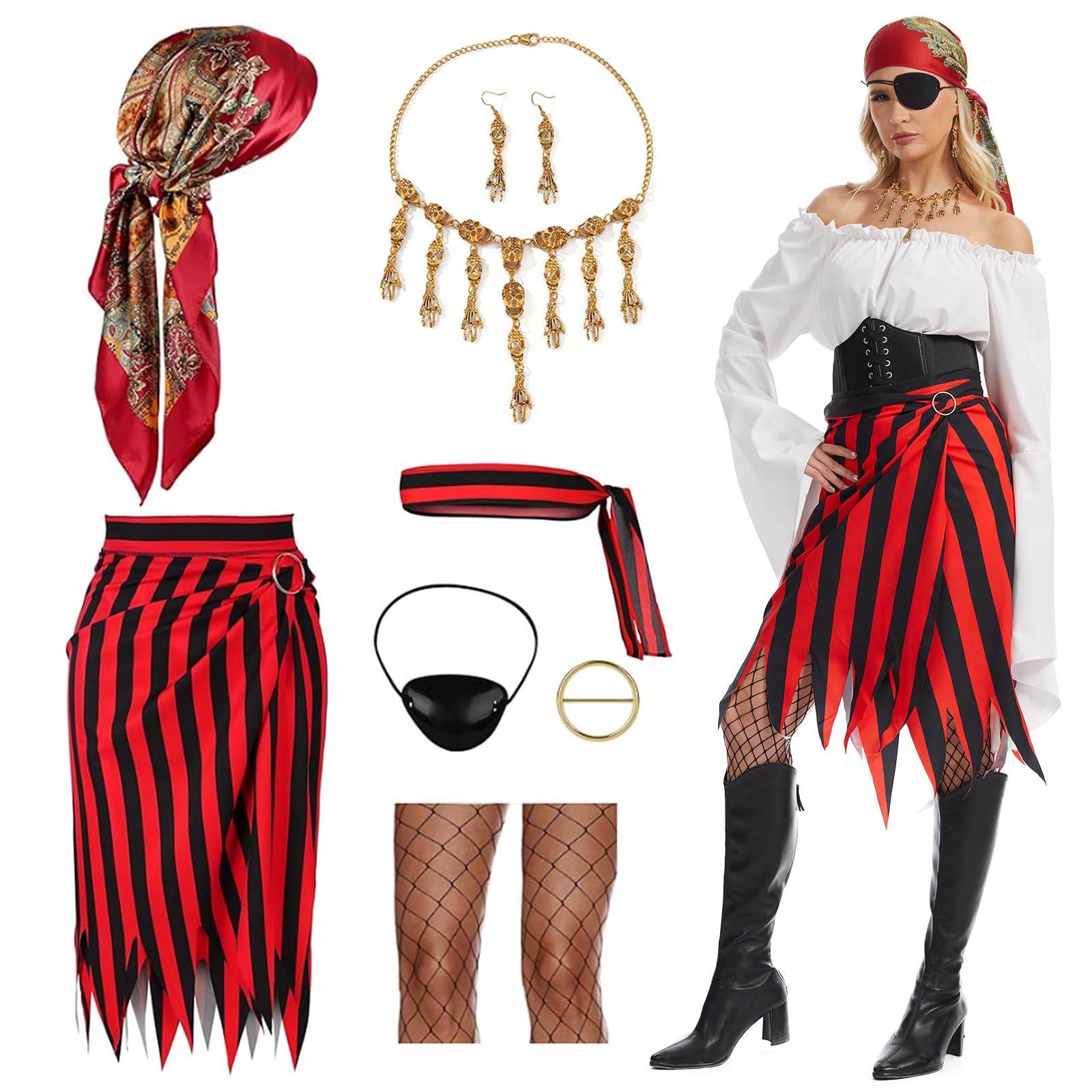 MVFEUIJ Women's Pirate Costume Accessory Set, Ladies Pirate Fancy Dress Accessories with Skirt, Headscarf, Eye Patch