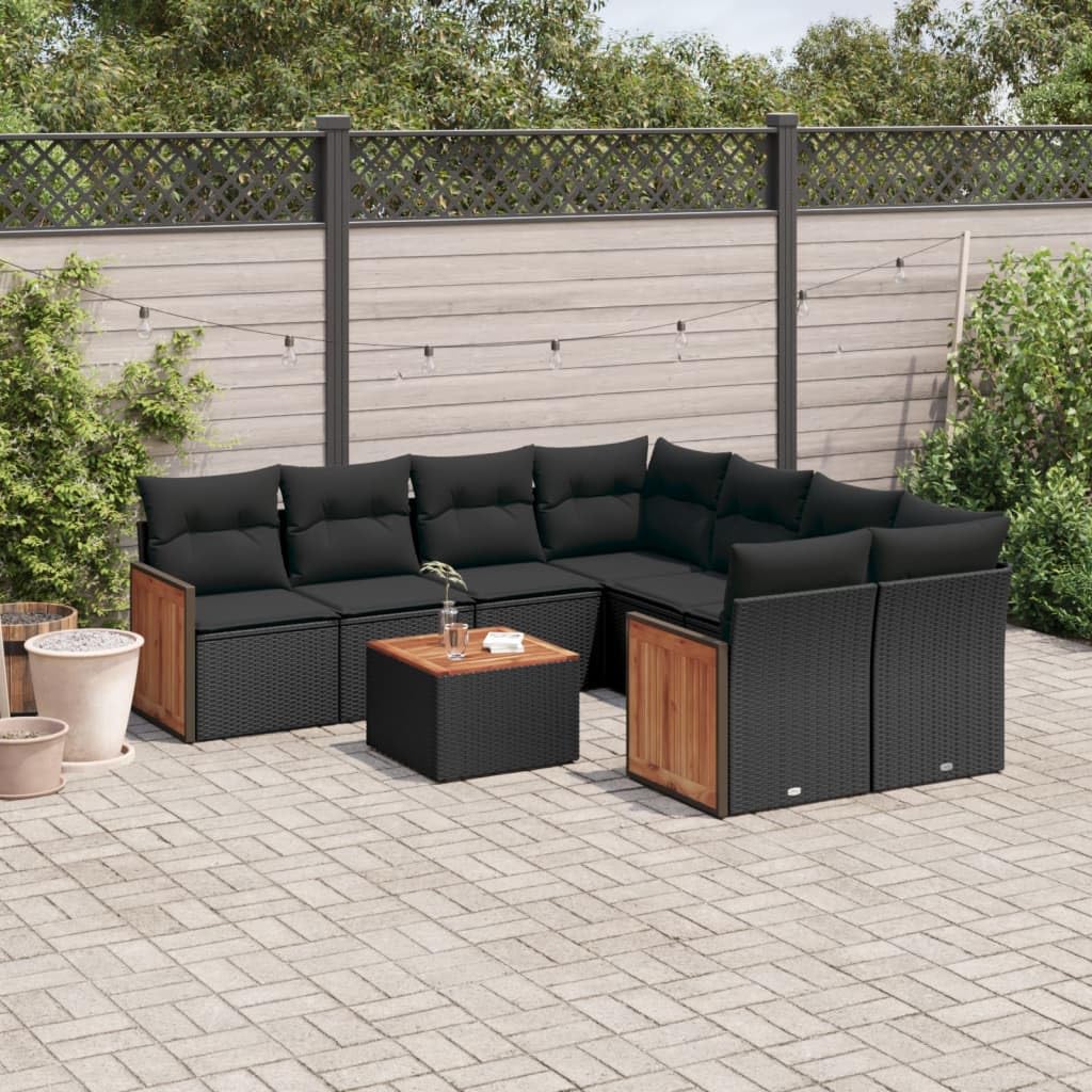 Garten-Sofa-Set, 8-teilig, Schwarz, synthetisches Rattan | Akazientisch im Lieferumfang enthalten, abnehmbare Kissen, modulares Design, einfache Reinigung