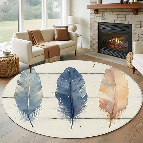 Miniatura 1 de Round Rugs 6ft, Colorful Feather Non-Slip Area Rugs for Living Room Bedroom Entryway, Watercolor Retro Rustic Wooden Grain Washable Carpet Runner