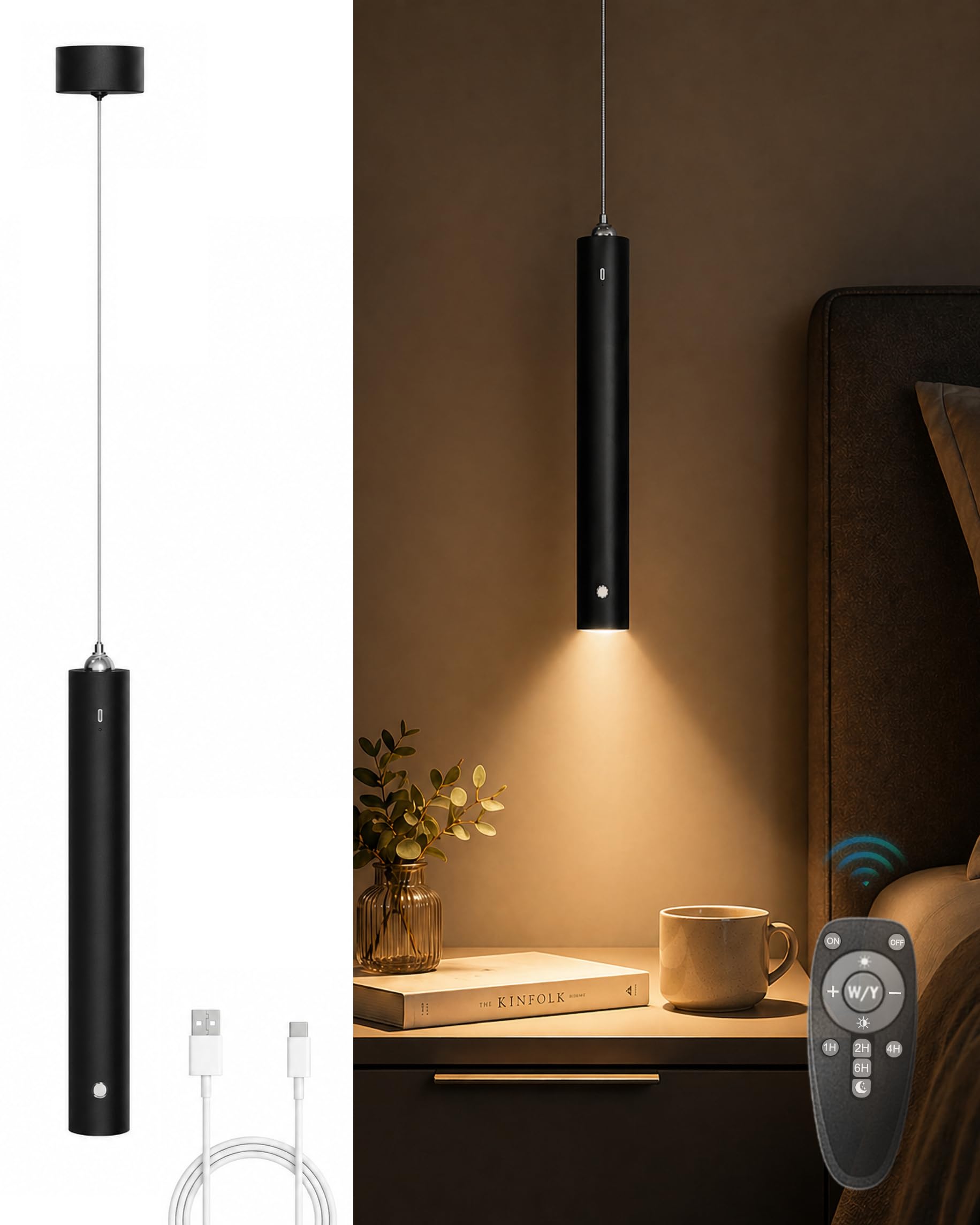 ACMHNC Lámpara Colgante con Bateria, Lámpara de Techo Colgante sin cable Moderno, 4500mAh Recargable USB, Mando a Distancia, Altura Regulable, Lamparas a Pilas Negro Para Cocina Dormitorio,Ø4x30cm