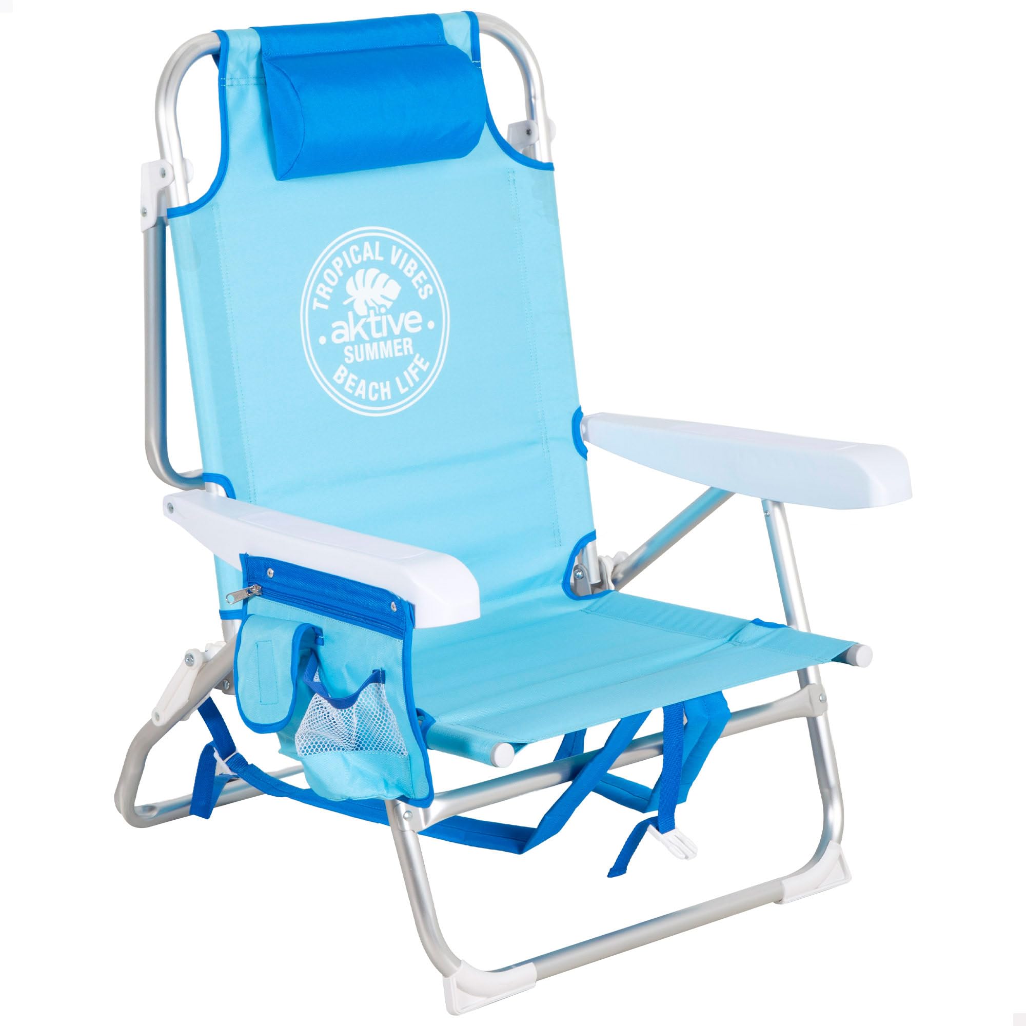 AKTIVE Silla de playa con mochila, 50x54x80 cm, Silla de playa multiposición, Silla plegable, hasta 110 kg, Azul, 5 posiciones, Convertible en tumbona (62510)