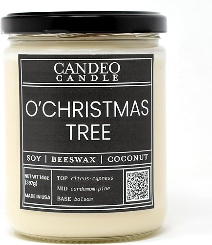 O' - Vela perfumada en tarro de árbol de Navidad, 14 onzas, fabricada con cera de abejas, coco y soja, hecha a mano en los Estados Unidos Candeo