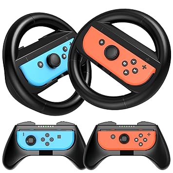 HEYSTOP Joy-Con Grips Compatible Nintendo Switch and Racing Switch Steering Wheel - 4 Pack, Comfort JoyCon Grip Controller for Kids, Family Fun, Special for Mario Kart 8 Deluxe, (Black)