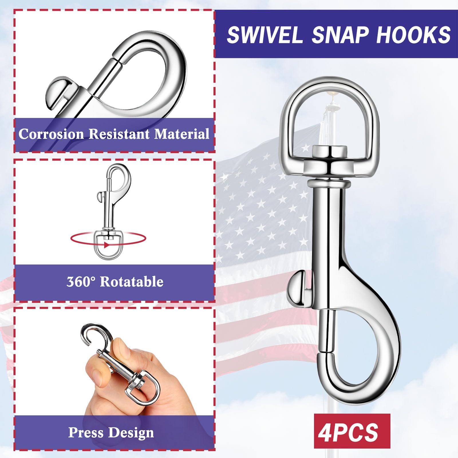 Flag Pole Rope Kit Flag Pole Hardware Parts Repair Kit Flag Pole Rope with Rope Cleat Hook and 4 Pcs Zinc Alloy Swivel Snap Clips for Outdoor Flag Pole Accessories Clothesline Swing Camping(50 ft)