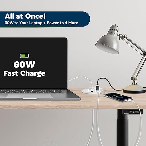 Miniatura 7 de TOPGREENER GaN Technology - Ojal de escritorio para MacBook, combinación de estación de carga USB tipo CA con 60 W PD (suministro de energía) y