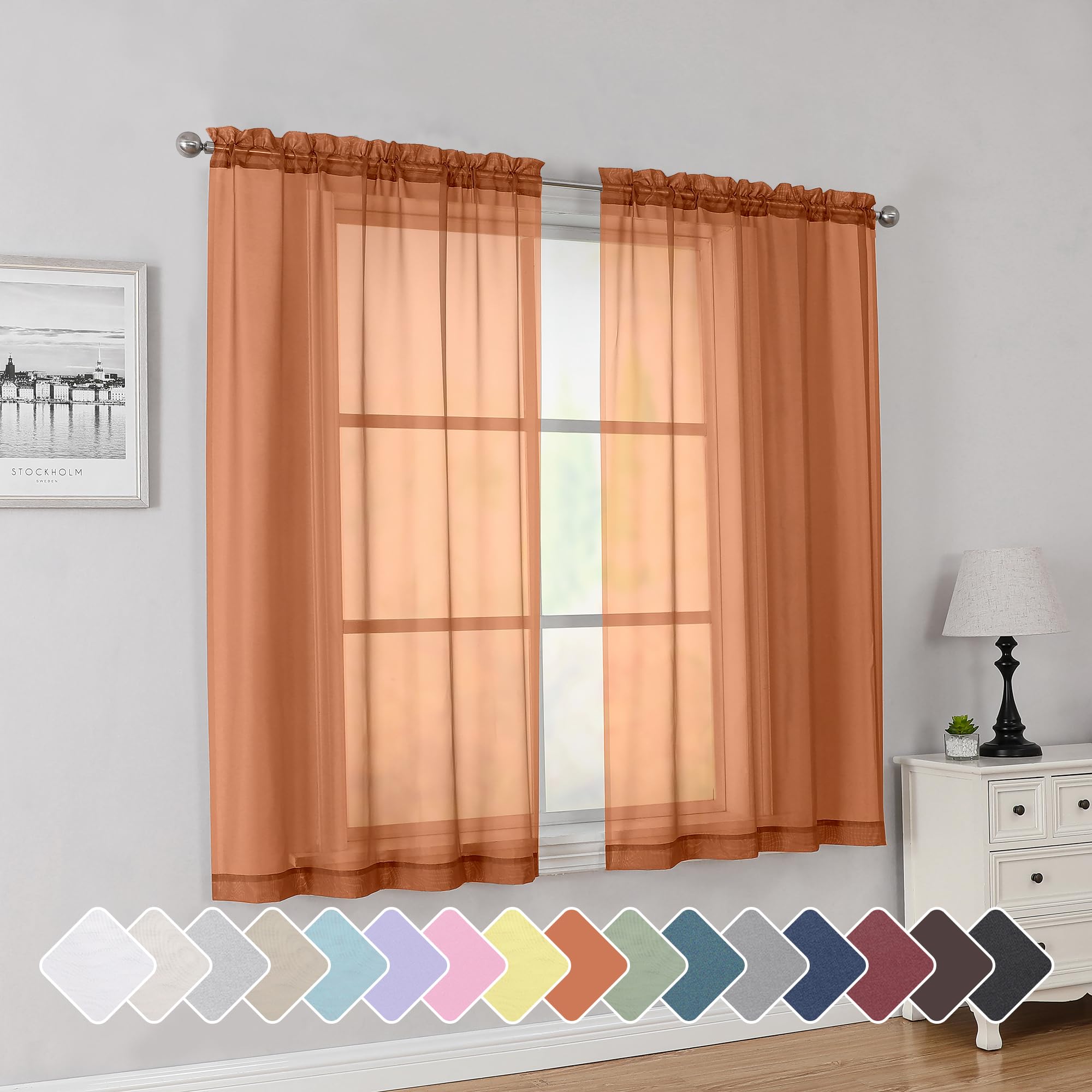 Simplebrand Orange Short Sheer Curtains 45 Inch Length 2 Panels