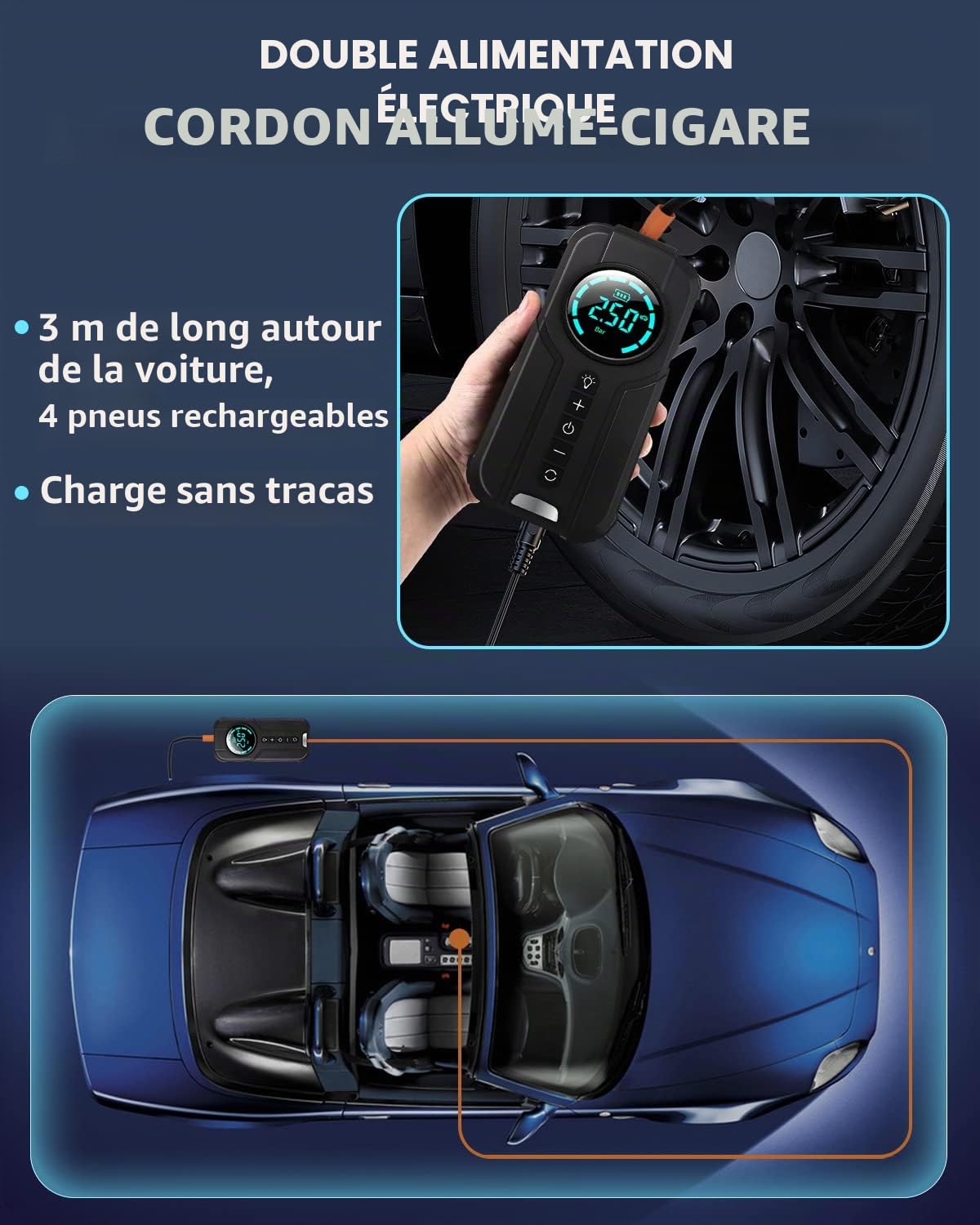 VICKSONGS Gonfleur Electrique Pneu Portatif, 7200mAH 180Psi Pompe Électrique Voiture,Vélo,Moto, Mini Compresseur à Air Portatif, Rechargeable Pompe a Air Electrique