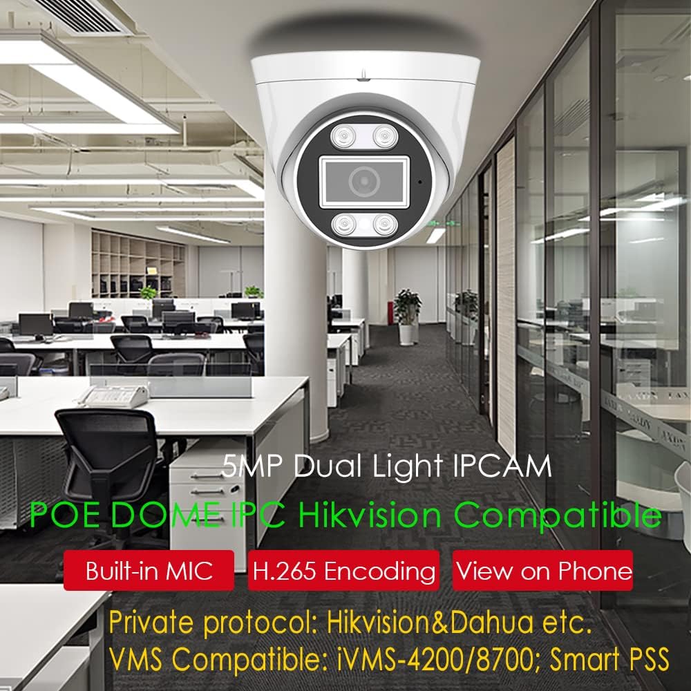 EXVIST 5MP Dual Light RTMP Camera, HD 5MP Compact PoE Dome IP Camera, Compatible with Hikvision, 2.8mm, Built-in Audio, RTMP to YouTube, Facebook etc.