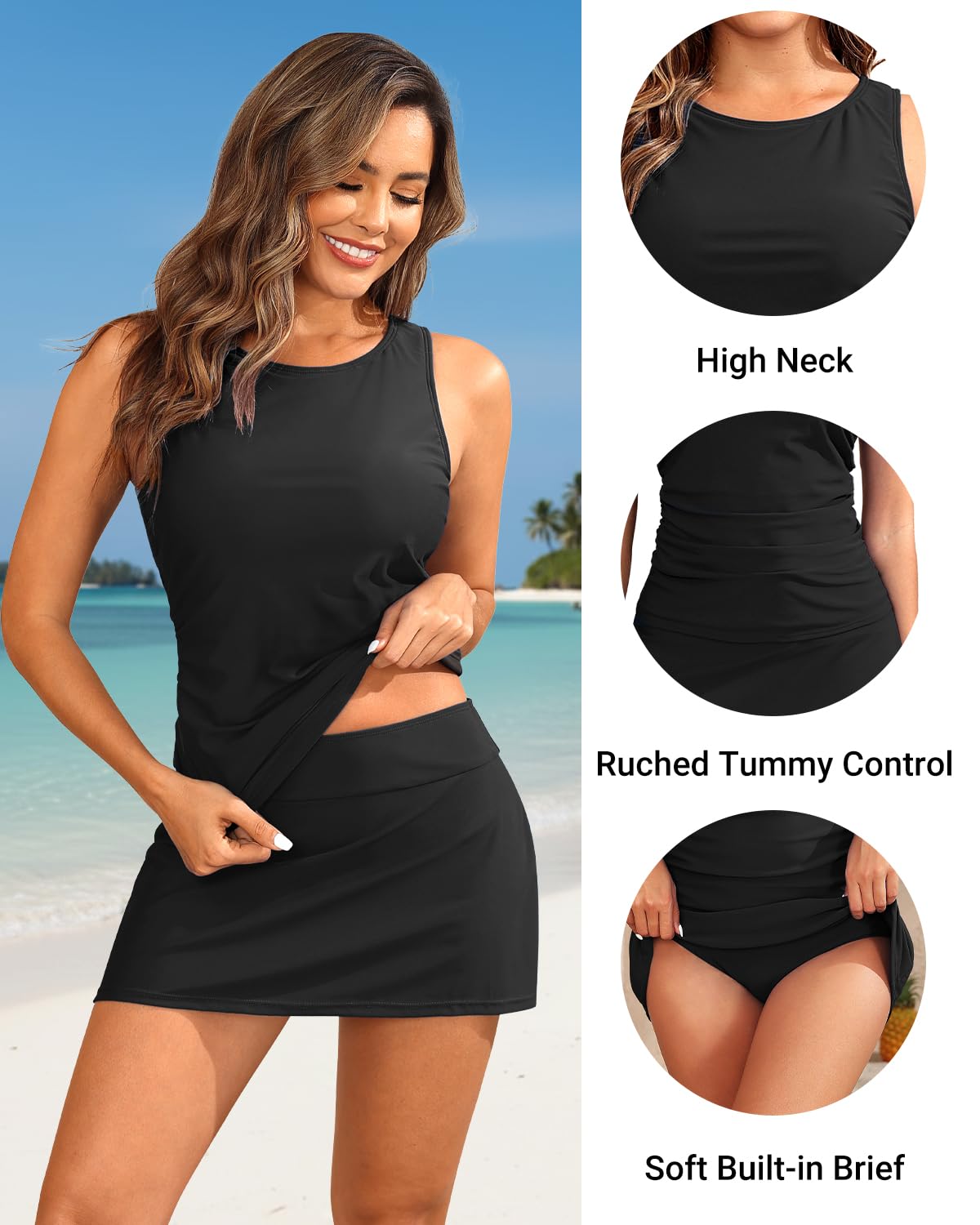 Daci Tankini-Badeanzug für Damen, mit Rock, zweiteilig, Bauchkontrolle, Badeanzug, hoher Halsausschnitt