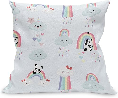Ambesonne Panda Throw Pillow Cushion Case, Doodle Style Cheerful Time Characters Unicorn Clouds Rain and Hearts Drawn by Hand, Decorative Square