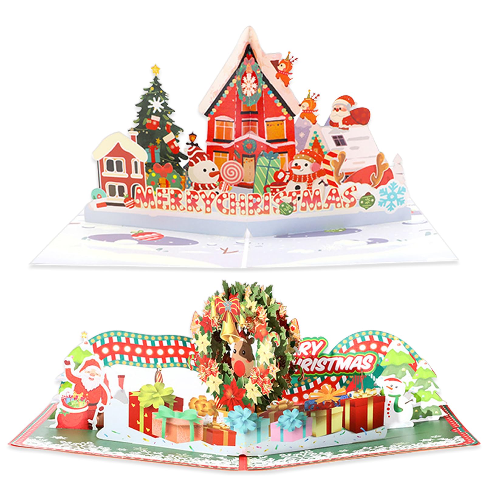 JSTHHTT 2 Pcs 3D Christmas Card, Christmas House 3D Pop Up card, Merry Christmas Greeting Card w Envelope