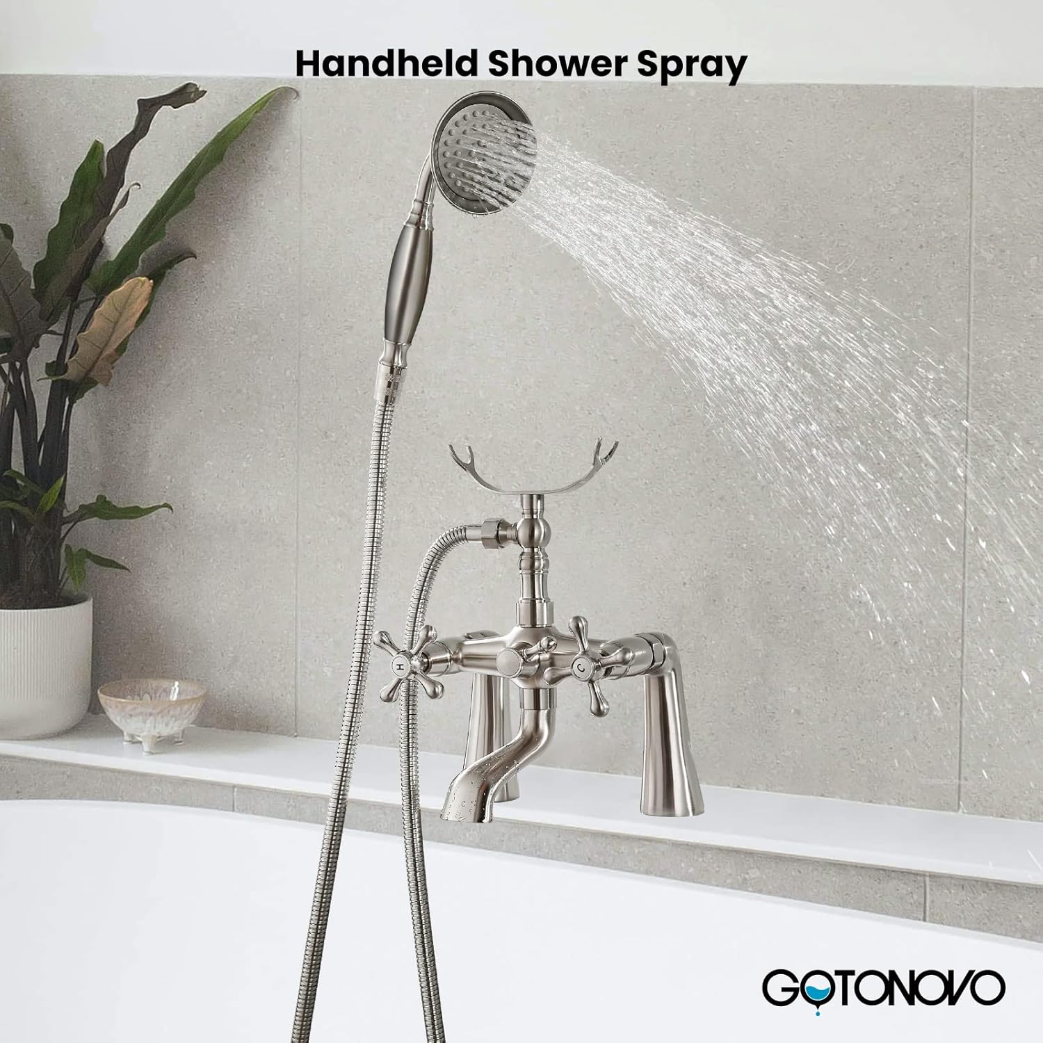 Brushed Nickel Wall-Mounted Clawfoot Tub Faucet with Handheld Shower