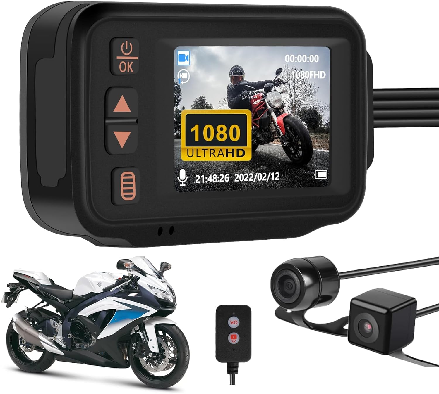 CAMECHO Dash CAM para Moto, Impermeable Total Videocamera Motocicletta AHD 1080P Cámara Delantero y Trasero 150° con GPS Integrado, Wi-Fi, Mando a Distancia con Cable+32GB TF Card