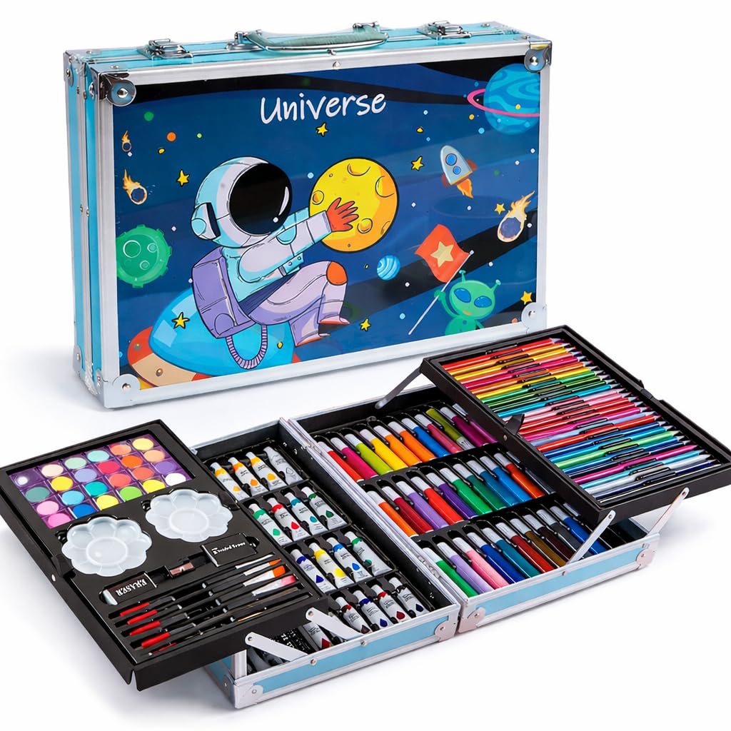145 Piece Art Set for Kids with Space Theme Portable Aluminium Storage Case, Drawing & Painting Craft Kit with Oil Pastels, Water Colours, Colour Pencils & Sketch Pens, Blue