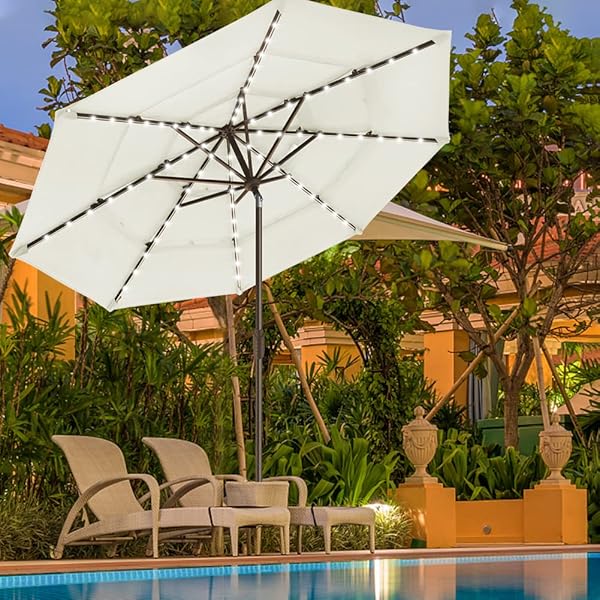 EliteShade USA 10-Year-Non-Fading Sunumbrella Solar 9ft 3 Tiers Market Umbrella with 80 LED Lights Patio Umbrellas Outdoor Table with Ventilation,Natural