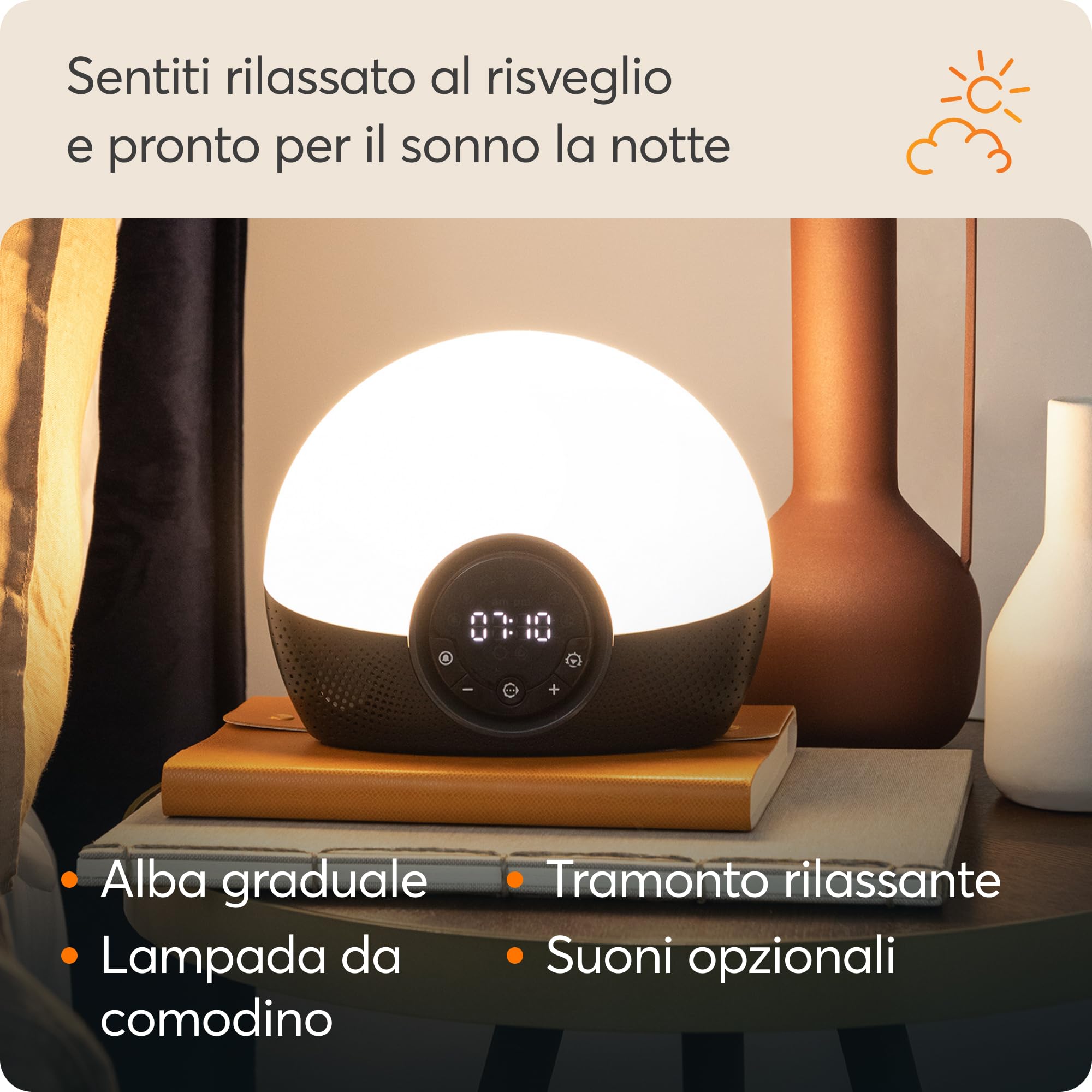 Lumie Bodyclock Glow 150 – Orologio sveglia con luce per risveglio con 9 suoni e funzione di tramonto, 12 W