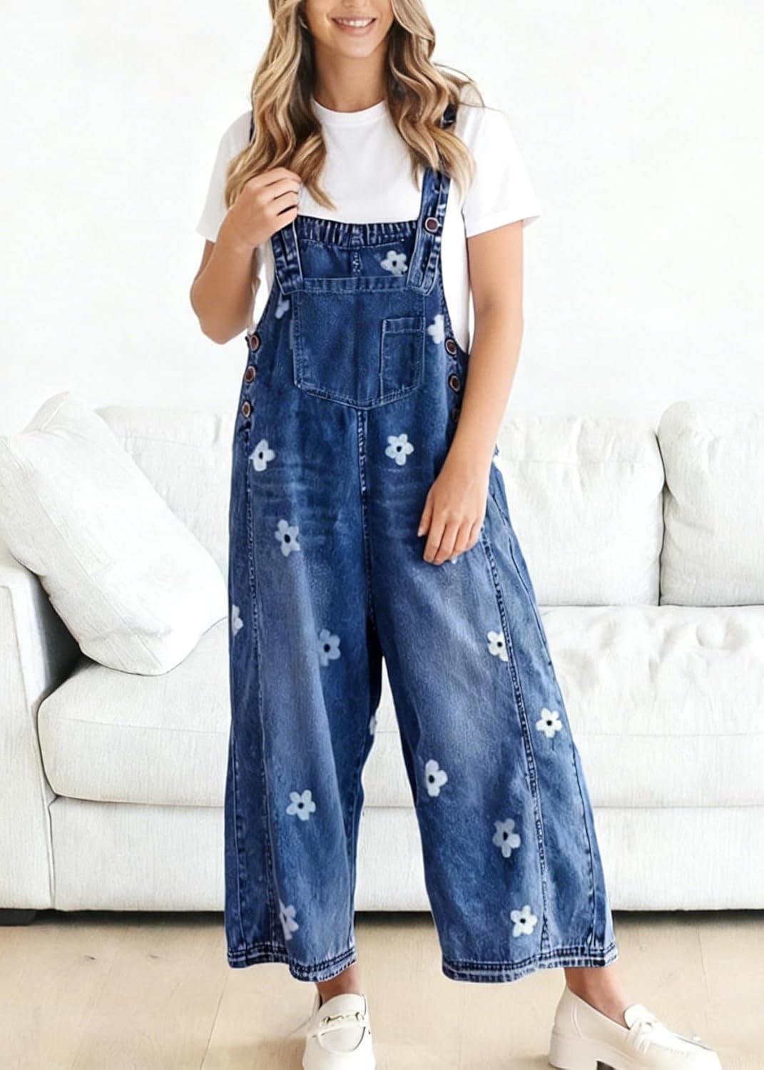 utcoco Women Floral Printed Adjustable Strap Denim Bib Overall Wide Leg Jeans Casual Baggy Overalls Jumpsuit