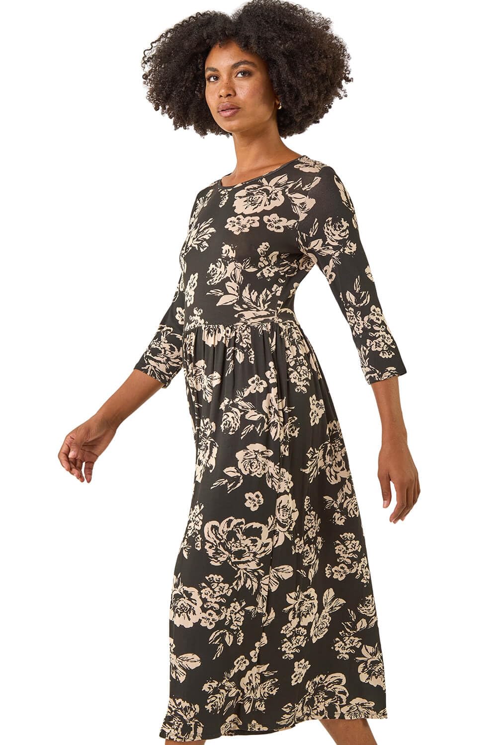 Roman Originals Women's Black Taupe Midi Dress With Pockets For Uk Stretchy Jersey Maxi Long 3/4 Length Sleeve Gathered High Waist Boho Flattering Skater Swing Fit Flare - Size 18