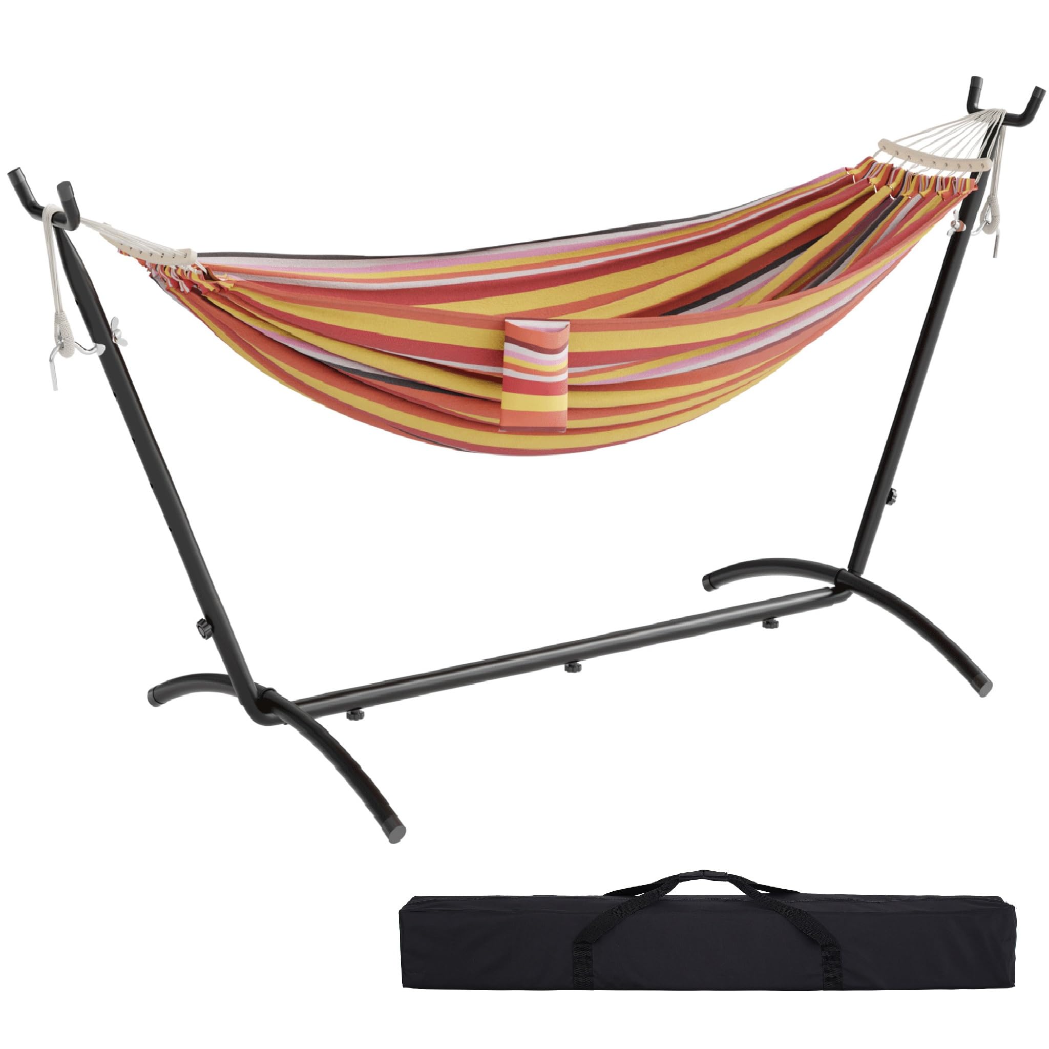 Mondeer Hängematte mit Gestell, Doppel Hängematte Outdoor mit gebogener Holzstange und Tragetasche für 2 Personen, 270 kg Tragfähigkeit, für Indoor Balkon Terrasse Garten (Rot)