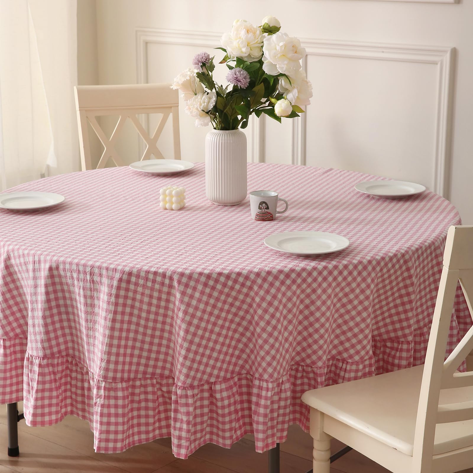 K MASANIJI 100% Cotton Pink/White Plaid Ruffled Round Tablecloth, Dia. 70 in, Model SXA0060