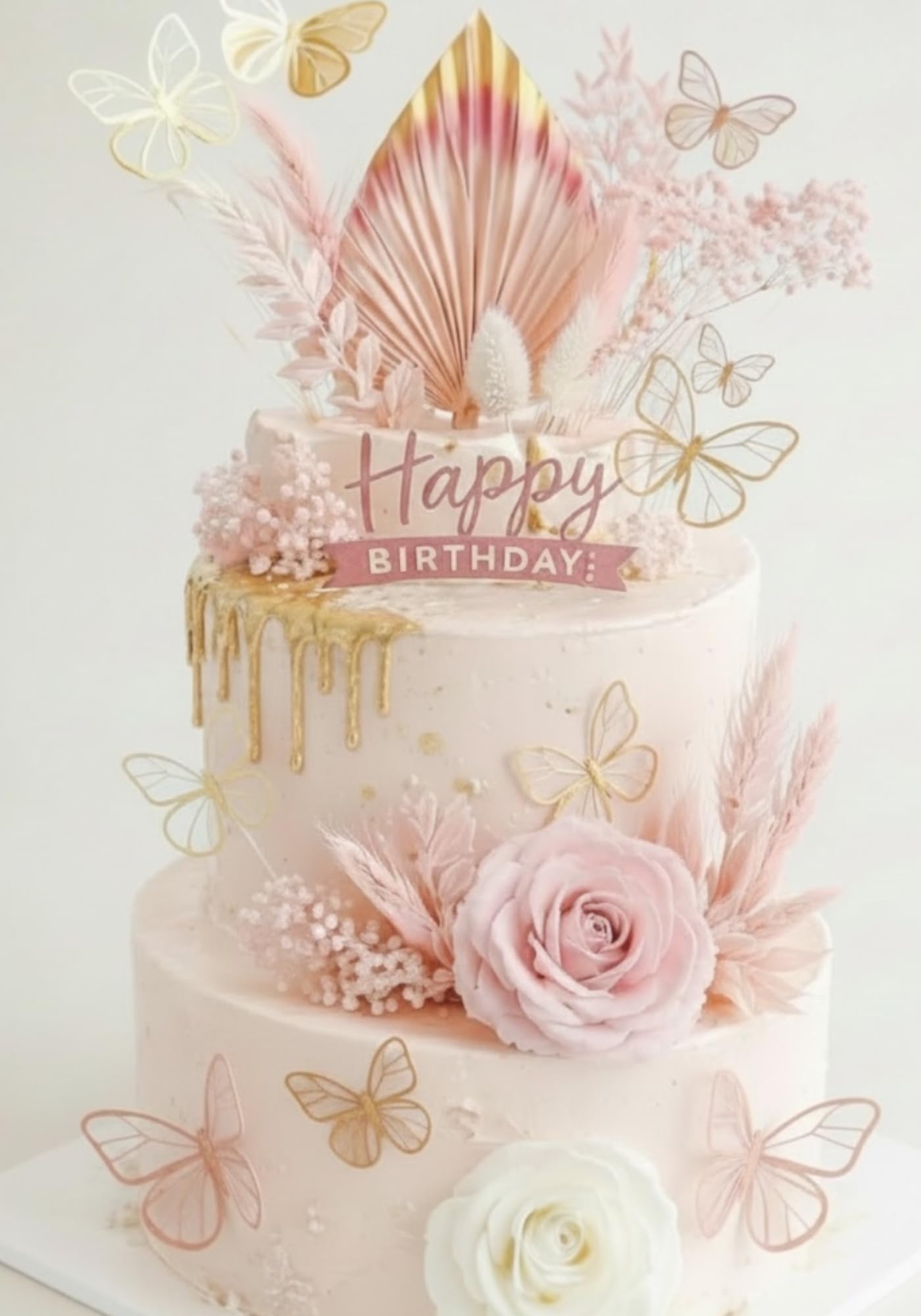 Cake Topper Set with Dried Flowers Gold Butterflies Happy Birthday Toppers Artificial Roses Palm Spears Cake Decorations for Birthday Wedding Party Pink Cake Decor