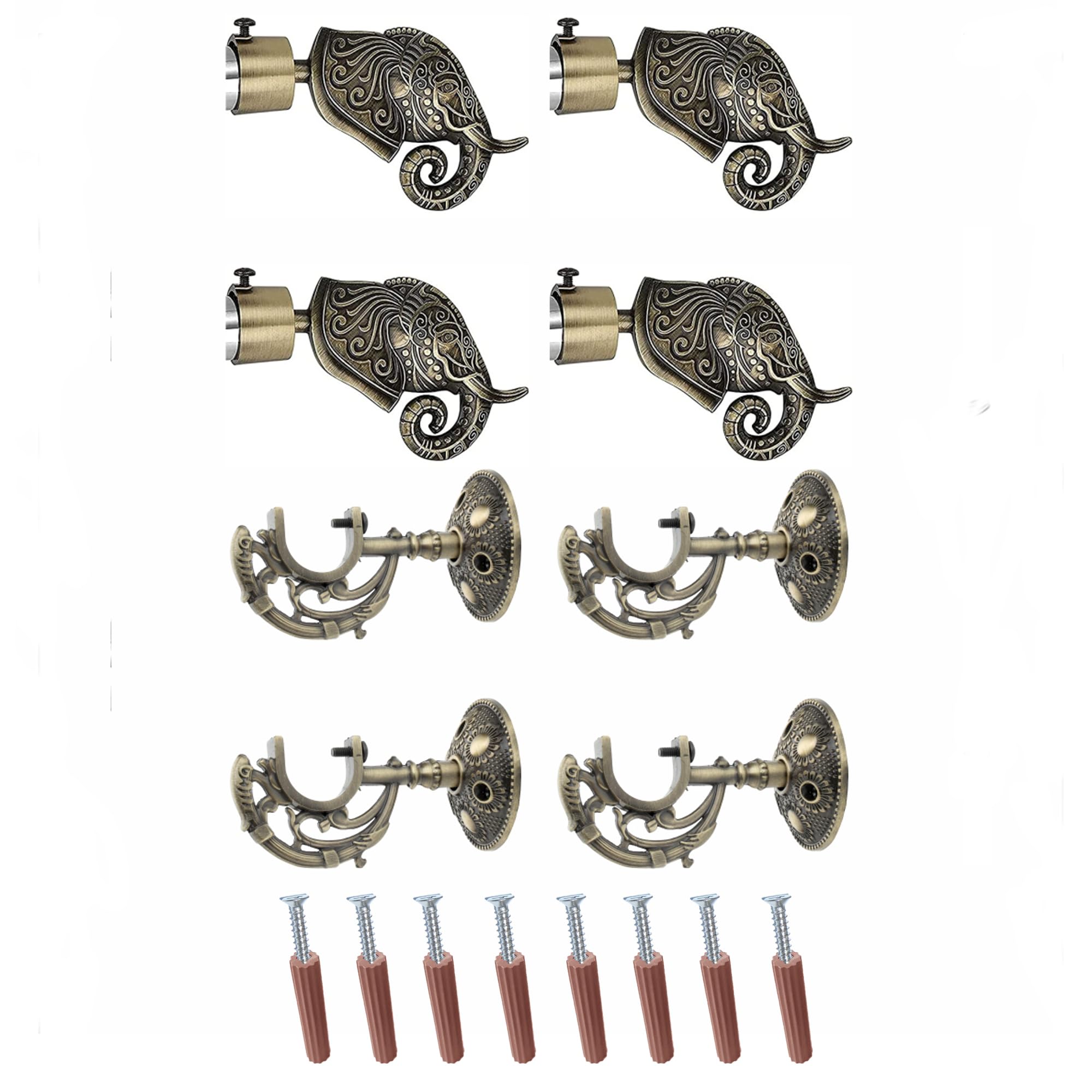 GLOXY Aluminium Rajwada Elephant Shape Antique Curtain Brackets with Support 1 Inch Rod Pocket Finials Designer Window(2 Pair) - Stylish, Durable Window Decor Solution for Elegant Home Interiors