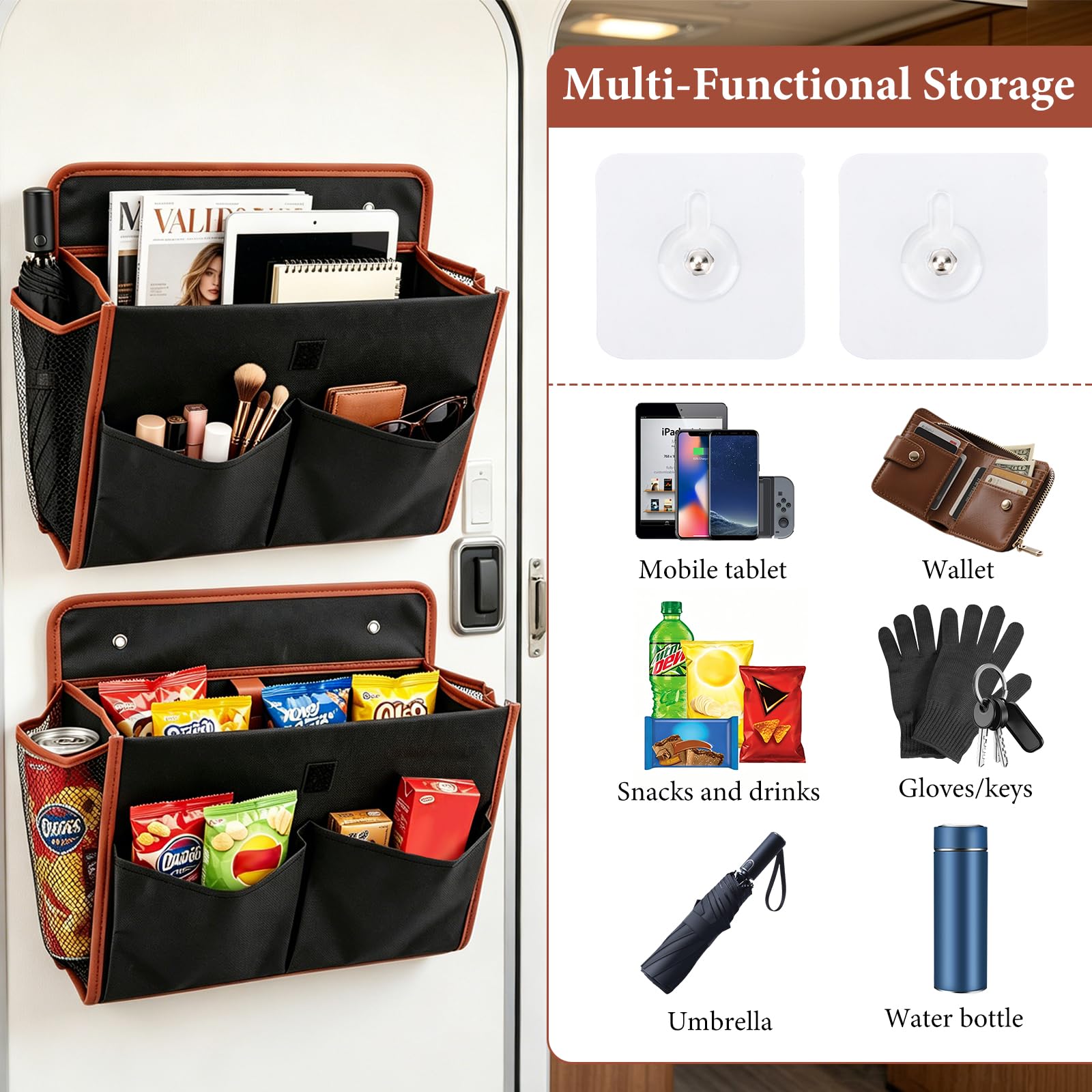 Lot de 2 Organiseurs de Porte de Caravane, Organiseur Suspendu sac de Rangement Mural Adhésif Rayonnage Autocollants Porte de Grande Capacité pour Camping pour Car Bureau Accessoires de Camping