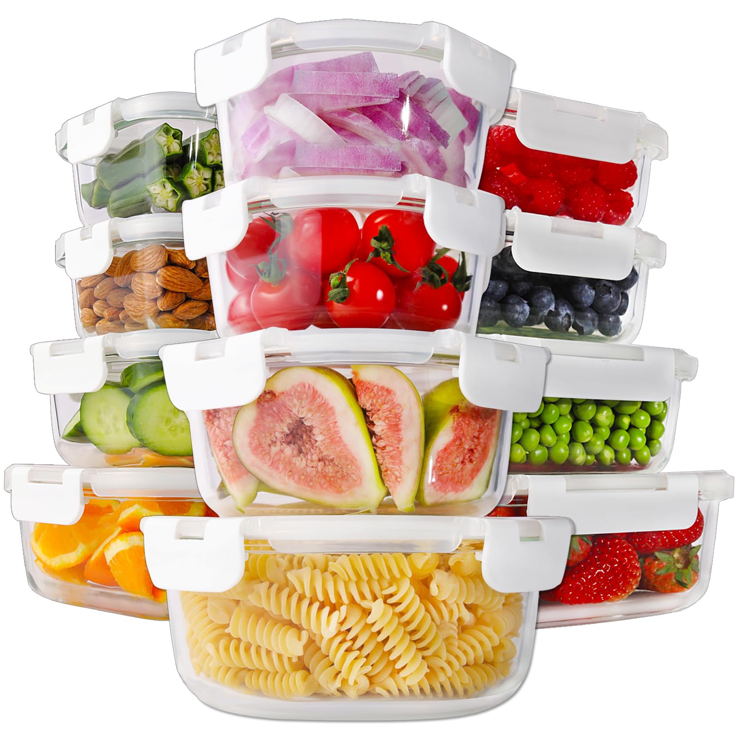 HOMBERKING 24 recipientes de vidrio para almacenamiento de alimentos con tapas de bloqueo, recipientes de vidrio para preparación de comidas, cajas Bento de vidrio herméticas, sin BPA y a prueba de