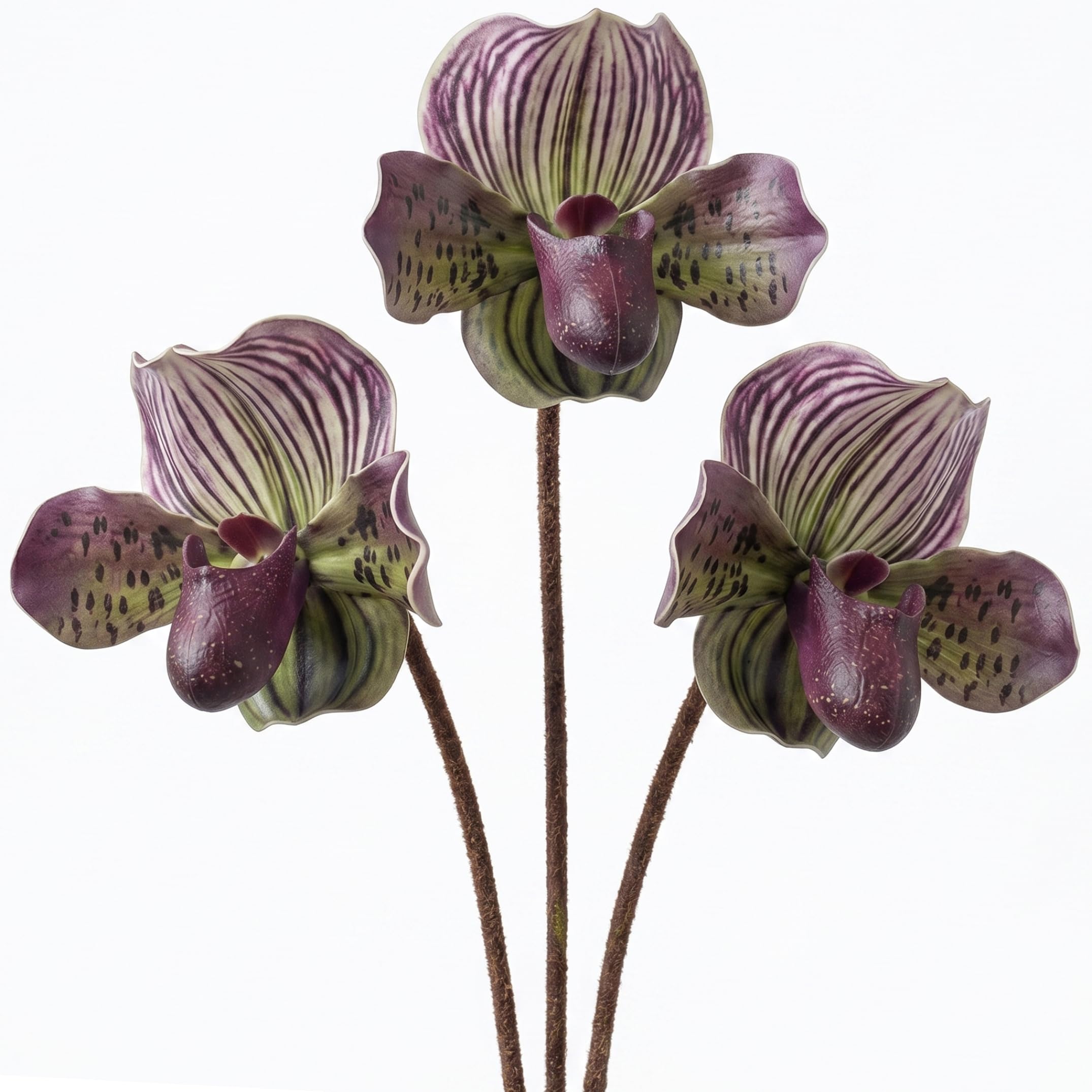 Ameble 3PCS 18 Inch Realistic Artificial Lady Slipper Orchids with Stems, EVA Crafted Faux Flowers for Home Decor, Vase Floral Arrangement