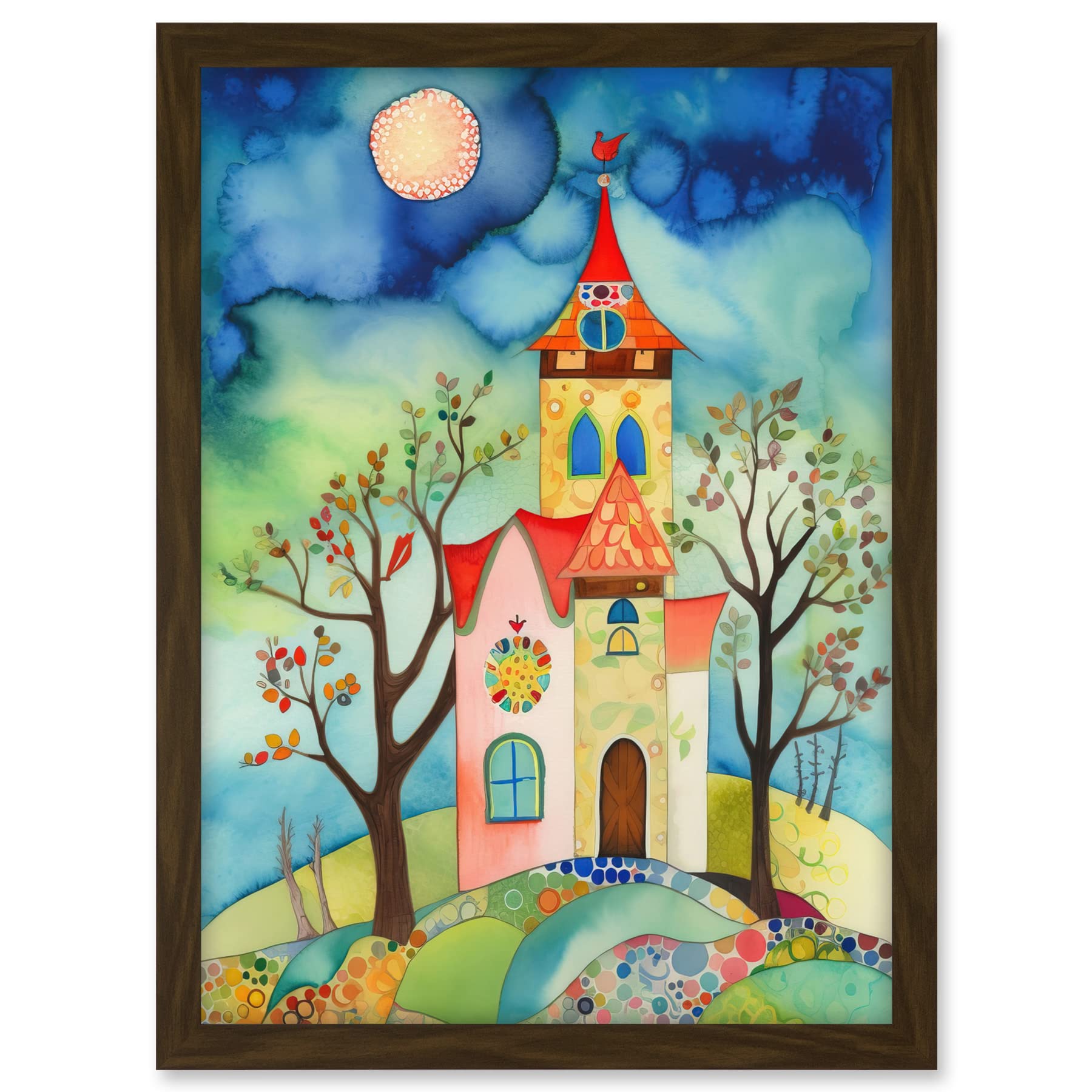 Artery8 Countryside Chapel Folk Art Watercolour Painting Artwork Framed A3 Wall Art Print