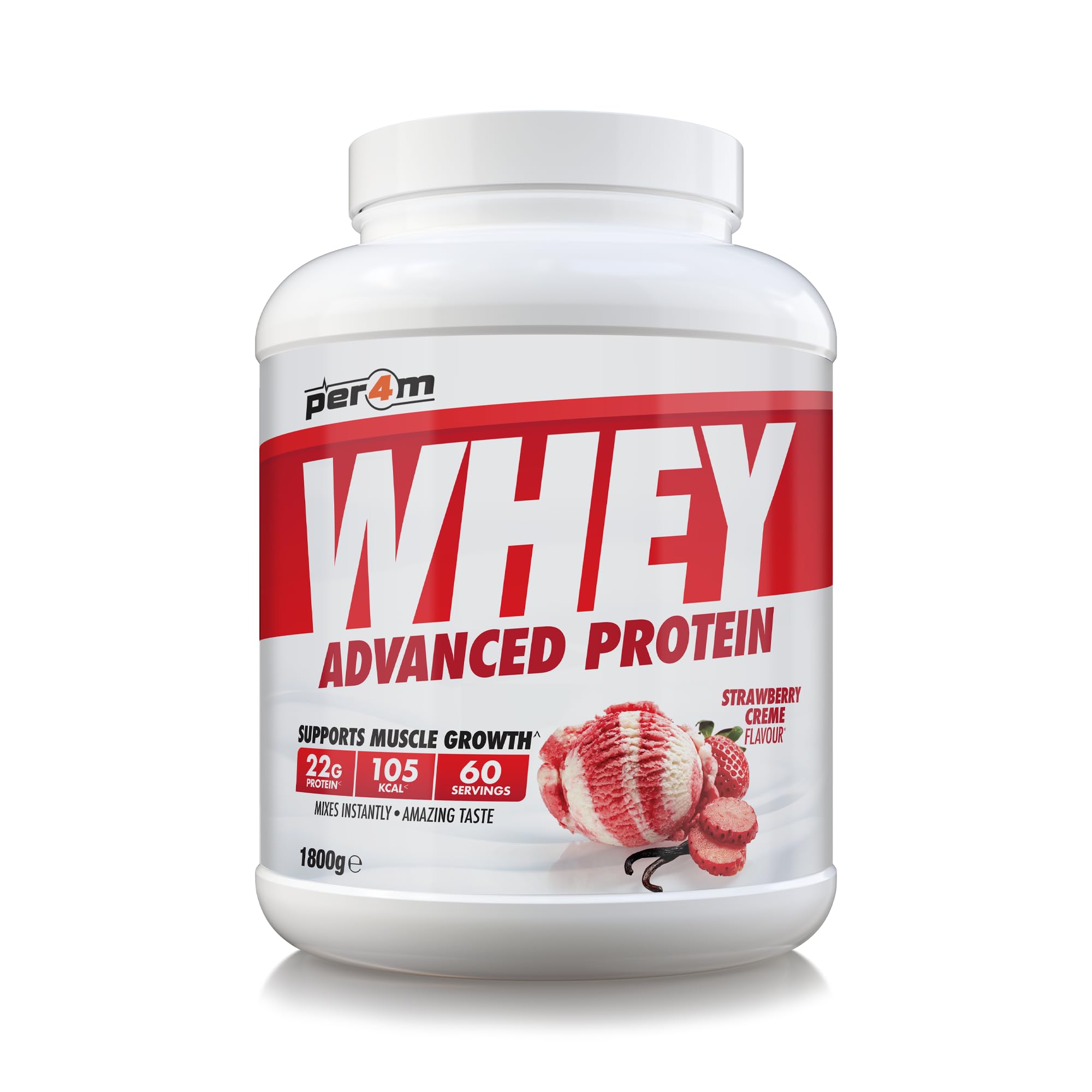 Per4m Whey Protein Powder | High Protein Shake for Muscle Growth & Recovery | Low Sugar Gym Supplement | Sports Nutrition Drink + Amino Acids (1800g, Strawberry Creme)