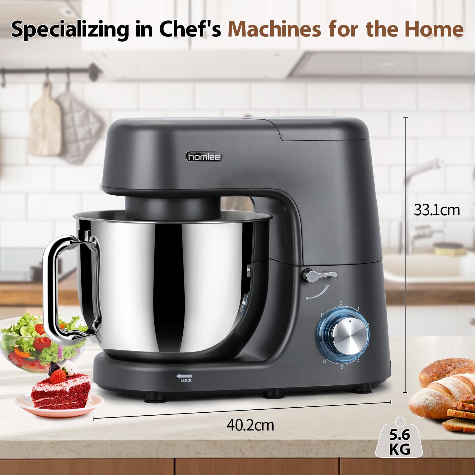Homlee Impastatrice Planetaria,2000W Planetaria Professionale 7.2L Ciotola in Acciaio Inox da,6 Velocità,con Gancio impastare, Protezione da Spruzzi,Frusta(Grigio)