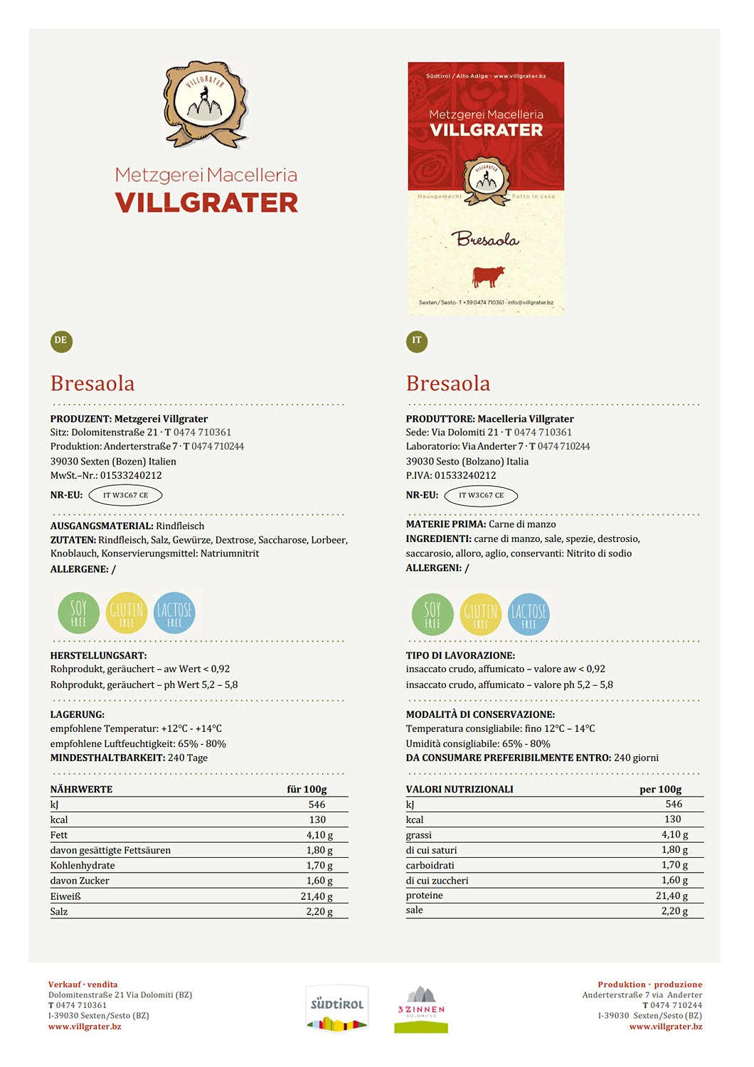 Bresaola Villgrater ca. 1 kg.
