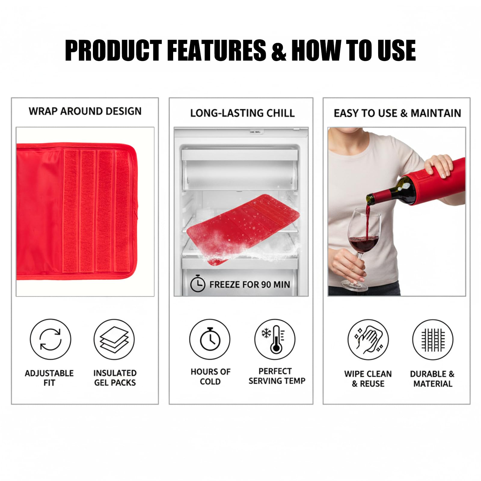 Gel Wine Bottle Cooler Sleeve - Freestanding Carrier for Red, White Wine & Champagne - Reusable Chilling Sleeve with Secure Fit — Amazon image 4