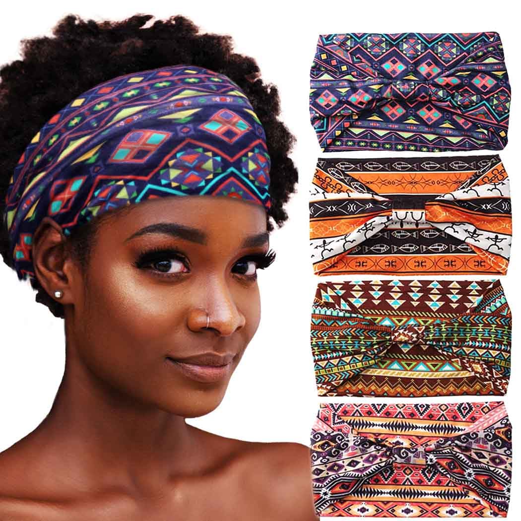 Fasce larghe per capelli con nodo Boho, fasce elasticizzate, turbante, in tessuto elastico, sciarpe per capelli, accessori per capelli africani, per donne e ragazze, confezione da 4