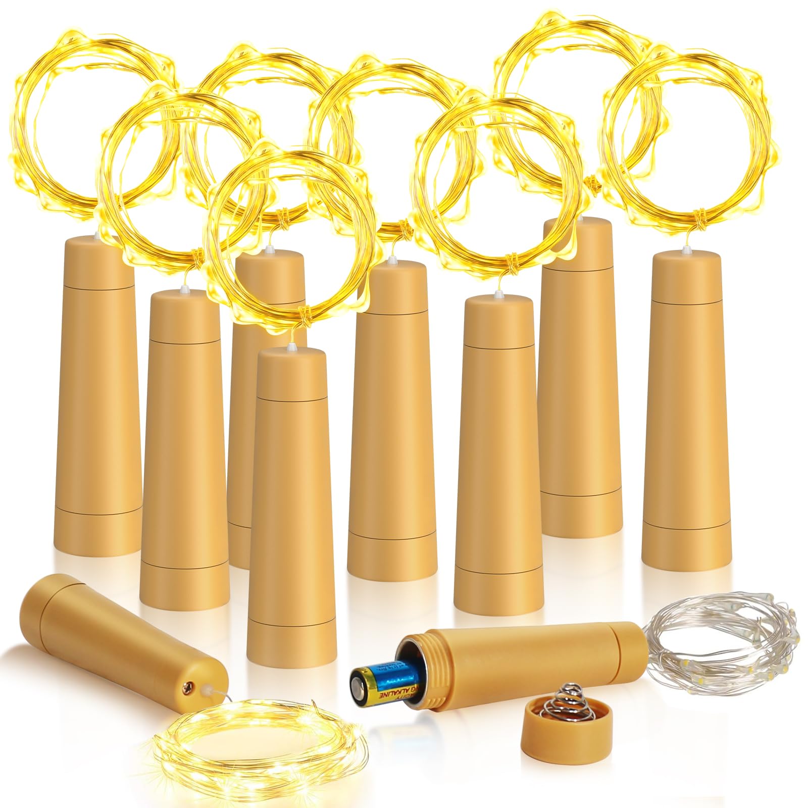Ymenow Bottle Lights with Cork and 6-Hour Timer, 10pcs Battery Operated 2M 20-LEDs Copper Wire String Fairy Lights for DIY Wine Bottles Jars Home Bedroom Wedding Party Decor, Warm White