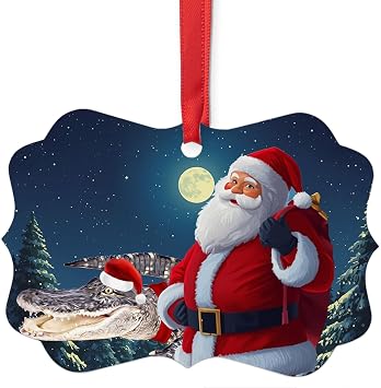 Festive Holiday Winter Scene American Alligator with Santa Christmas Ornament 2026 Benelux Aluminum - Pet Portrait Keepsake Xmas Decor Gifts for Gator Crocodilian Lovers