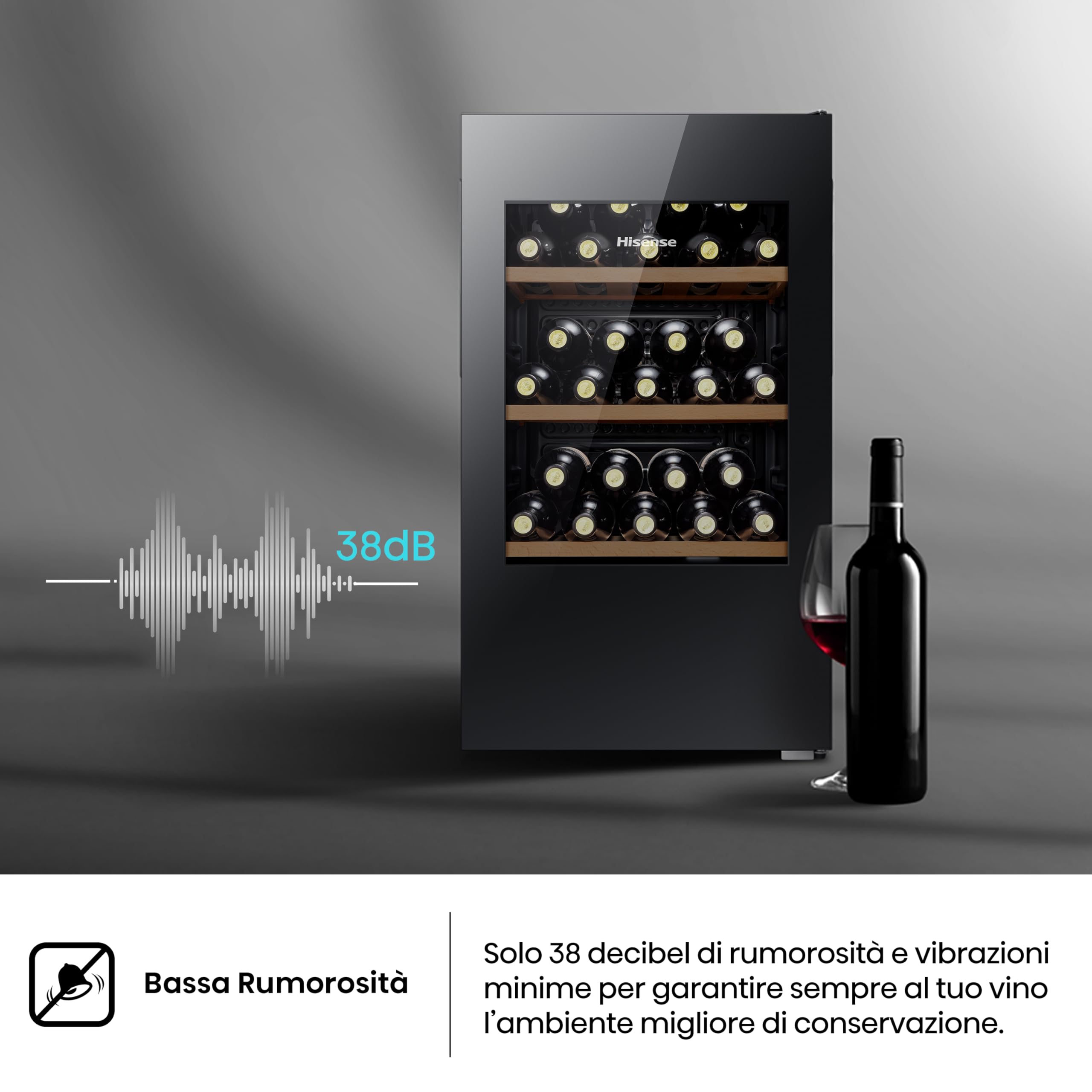 Hisense MWC4894GF - Cantina vino 30 bottiglie, Monotemperatura, Vetri anti UV, ripiani in legno, Display Touch, Illuminazione Led