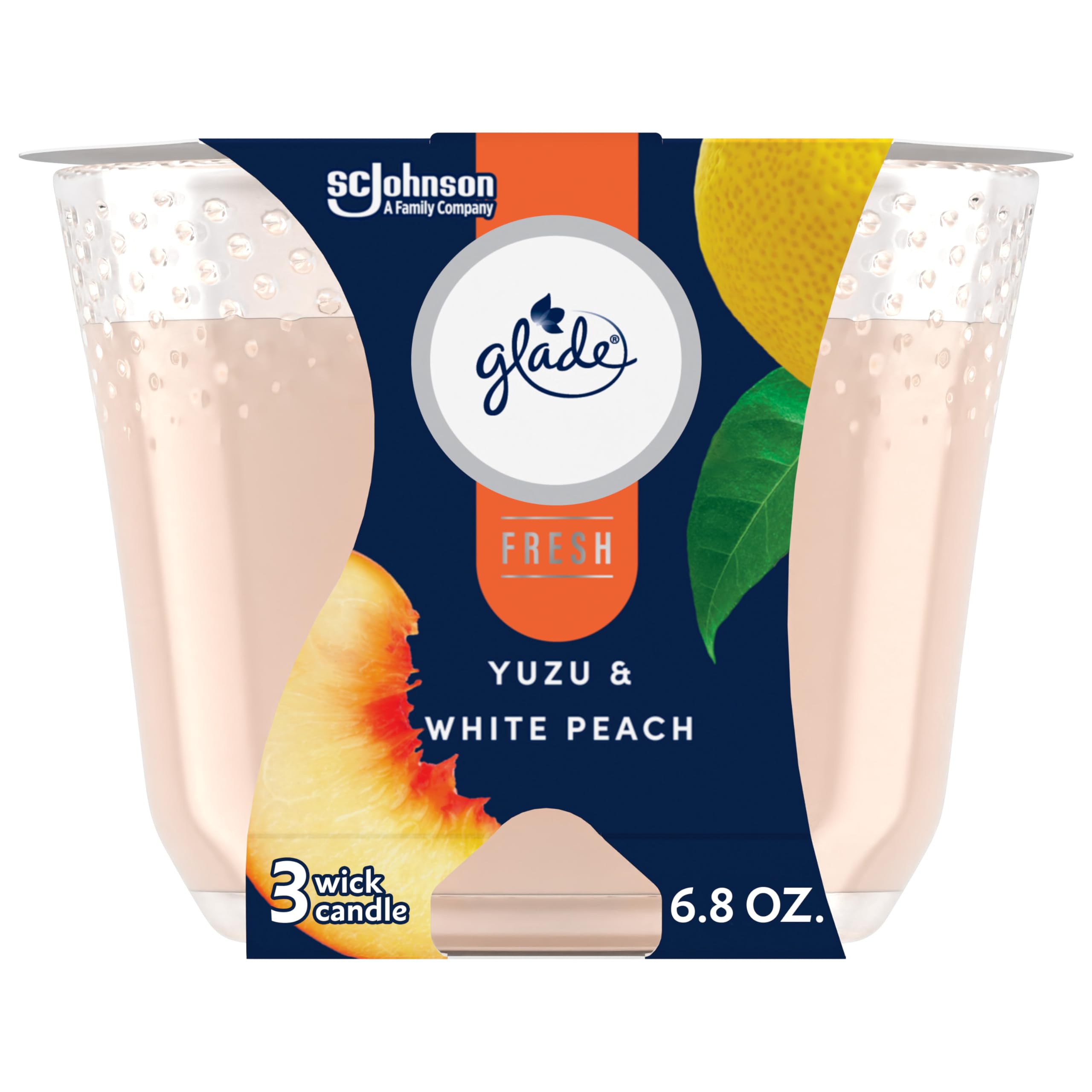 Glade Candle Yuzu & White Peach, Fresh Collection, Fragrance Candle Infused with Essential Oils, Air Freshener Candle, 3-Wick Candle, 6.8 Oz