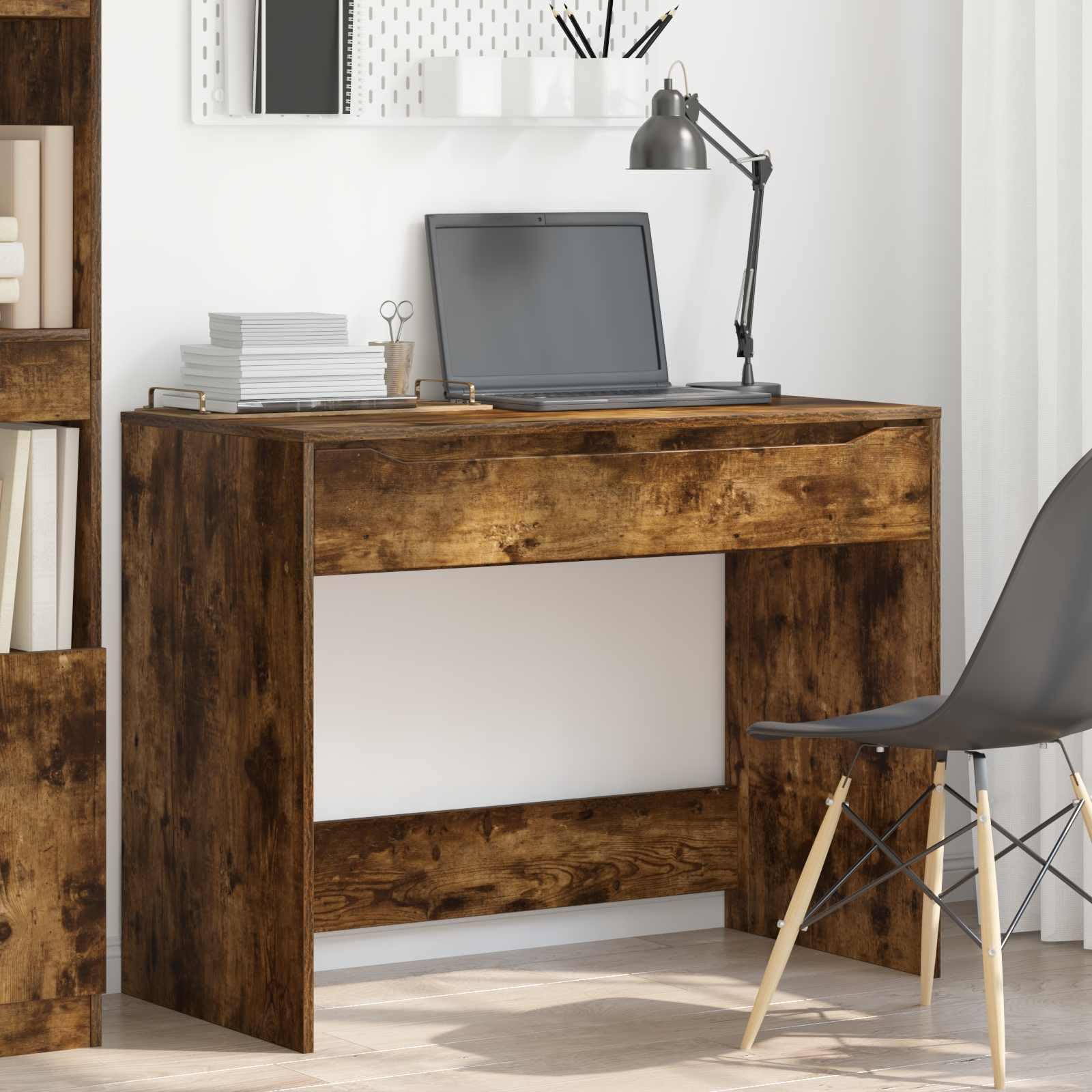 Scrivania con cassetto, in legno di rovere affumicato, 100 x 50 x 78 cm, compatta, per ufficio, studio, con ripiano per postazione di lavoro organizzata